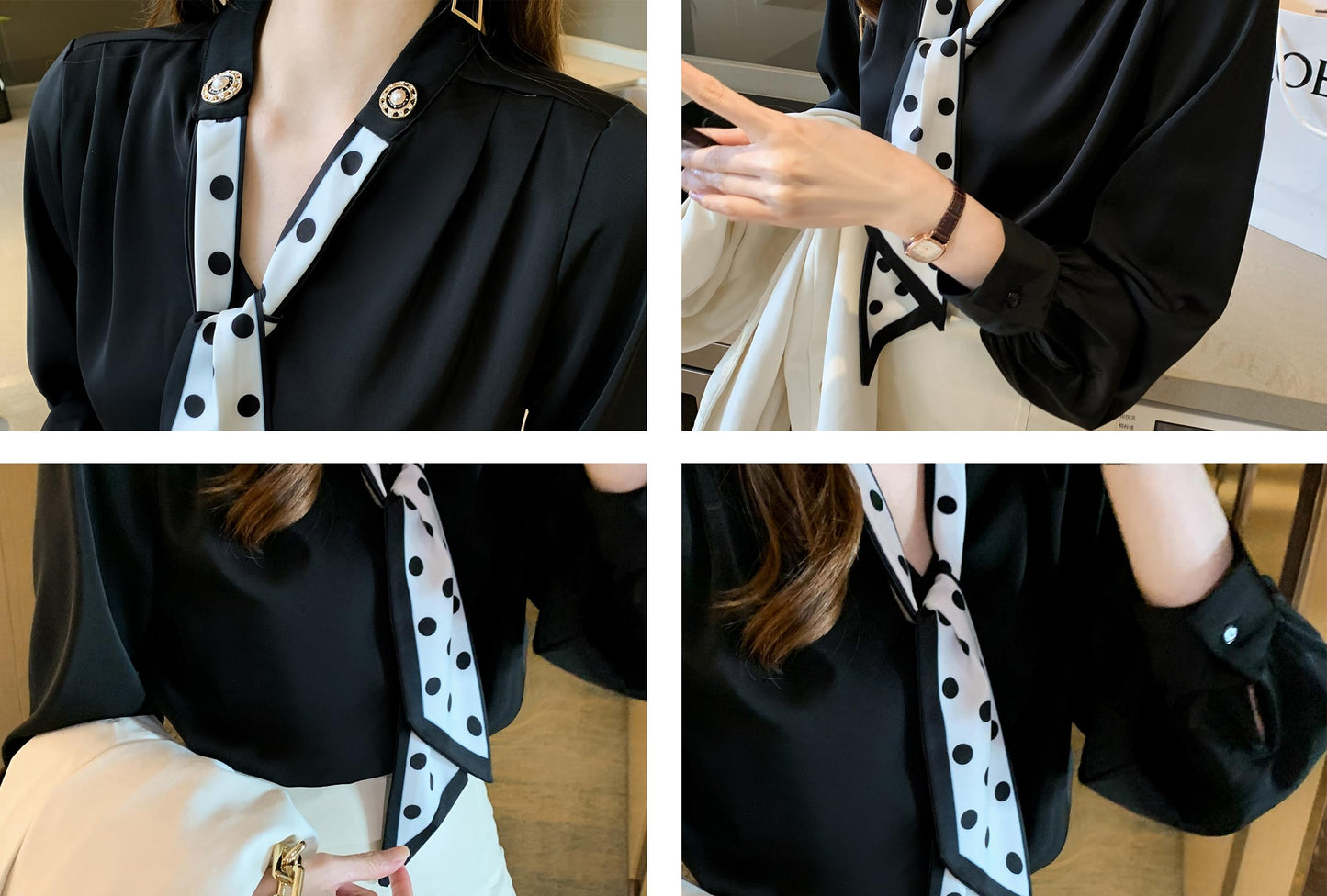 BK-Tie Neck Long Sleeve Shirt Top - LAI MENG FIVE CATS