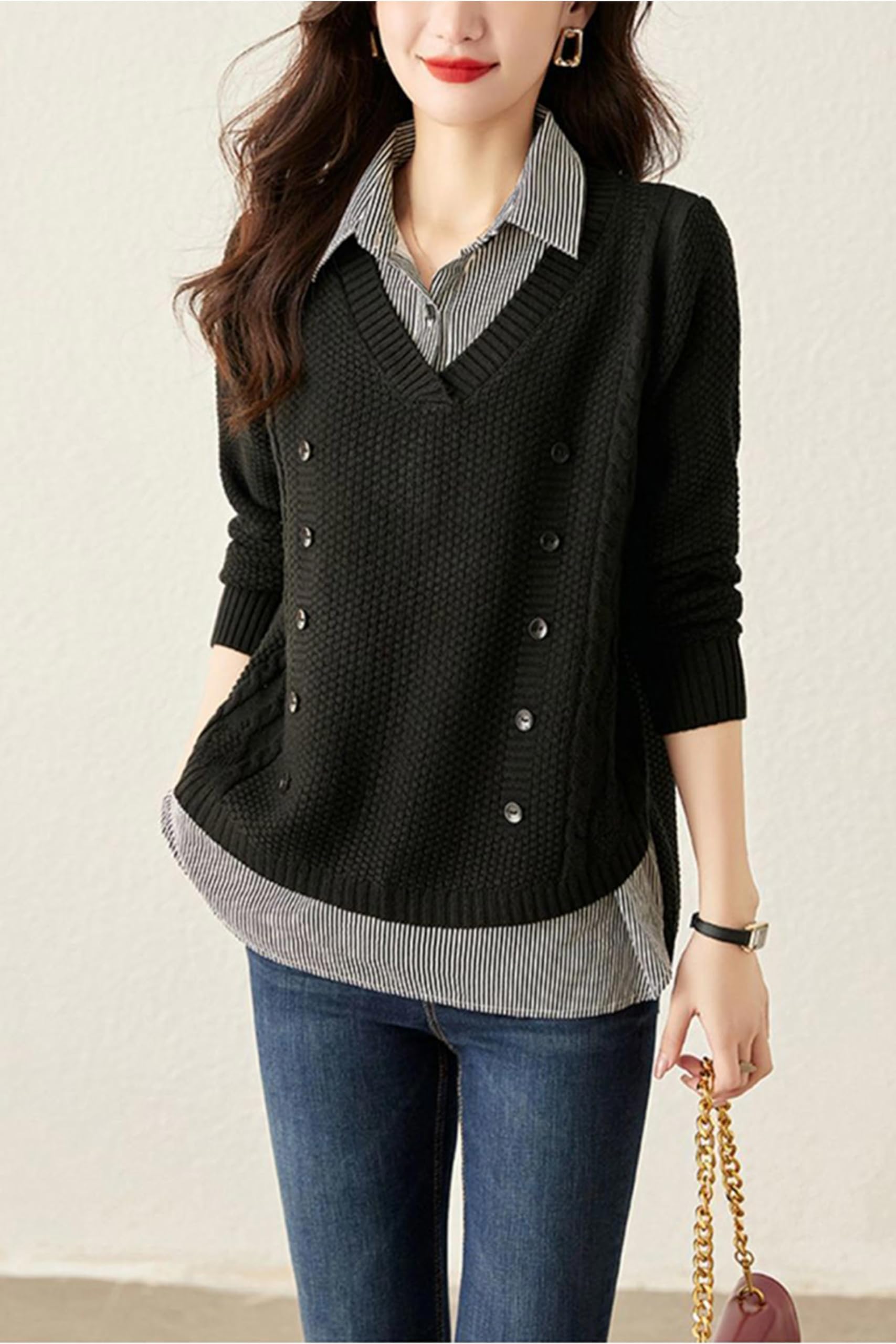 Knit  2 in 1 Tunics Patchwork Tops - LAI MENG FIVE CATS