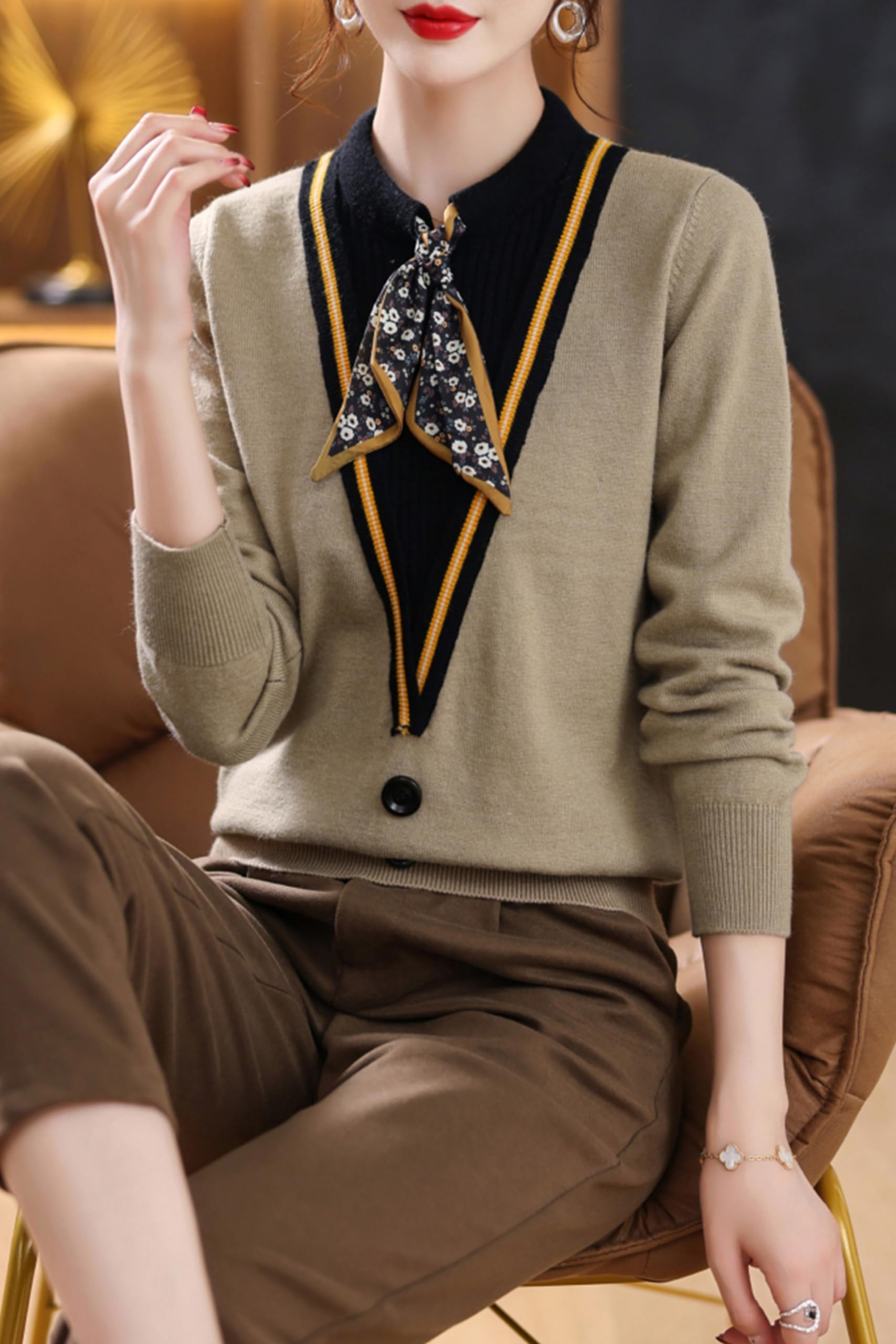 Women's Tie Neck Casual Shirt Tunic Pullover Blouse Tops - LAI MENG FIVE CATS