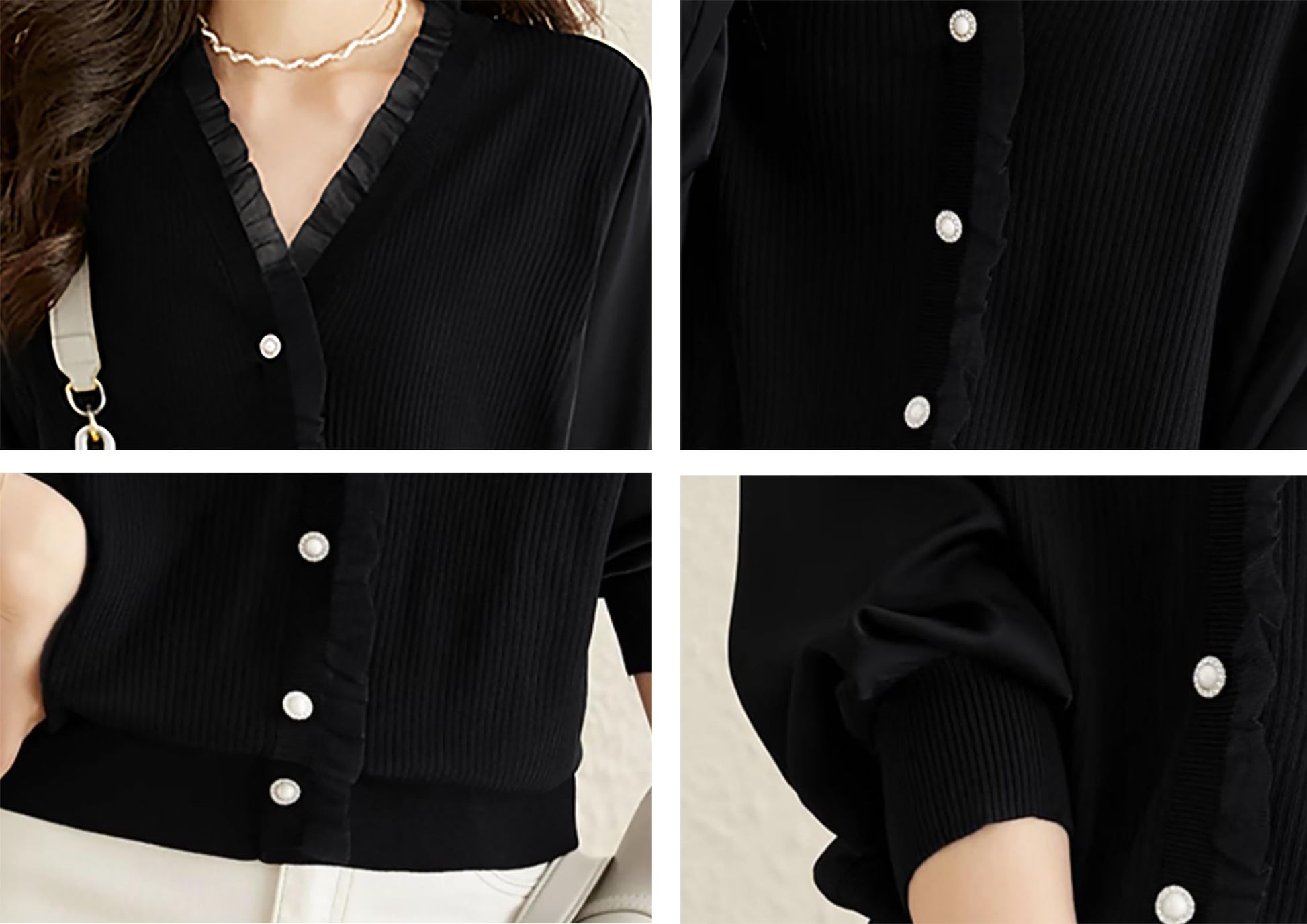 Knit Patchwork Button Casual Blouse Tops - LAI MENG FIVE CATS