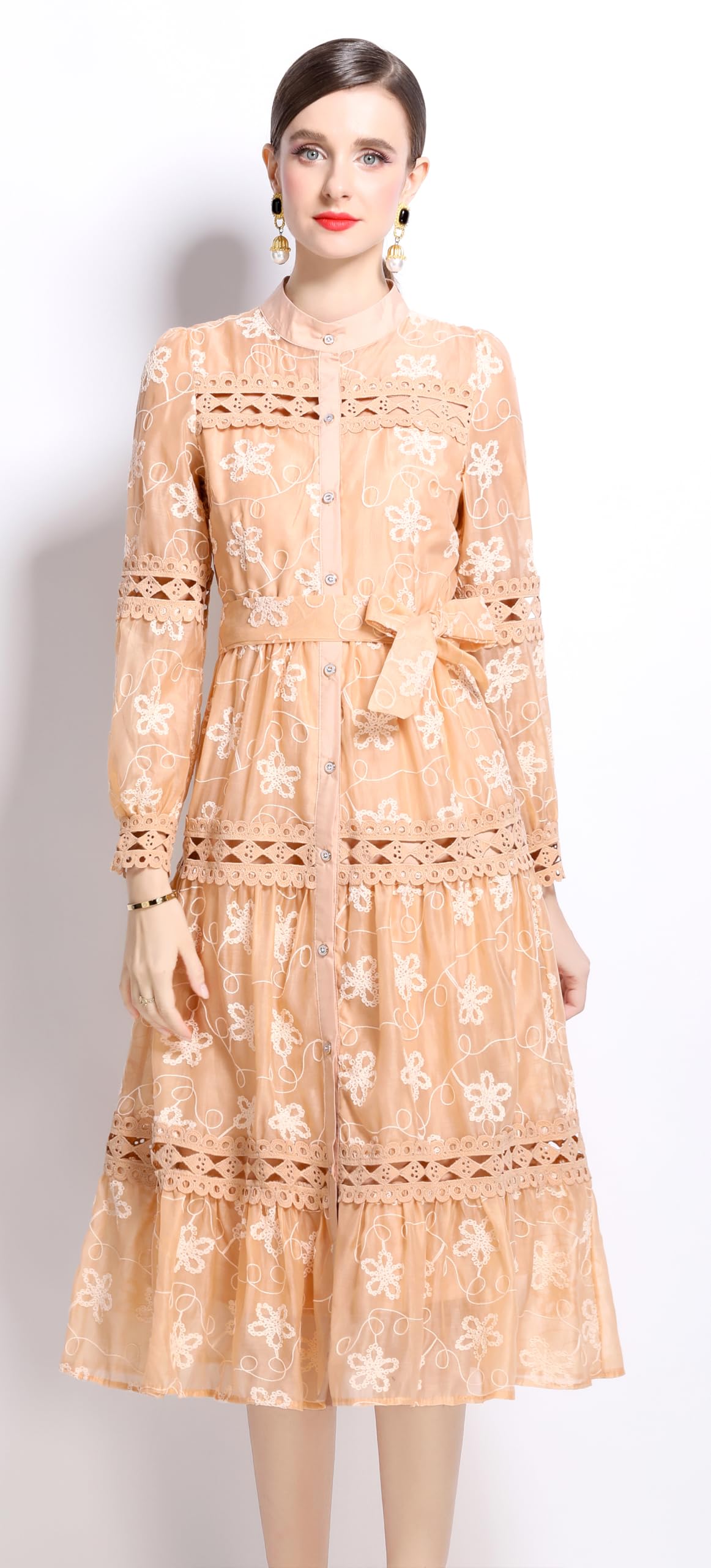 BK-Womens Lace Tulle Hollow Elegant Midi Dress - LAI MENG FIVE CATS