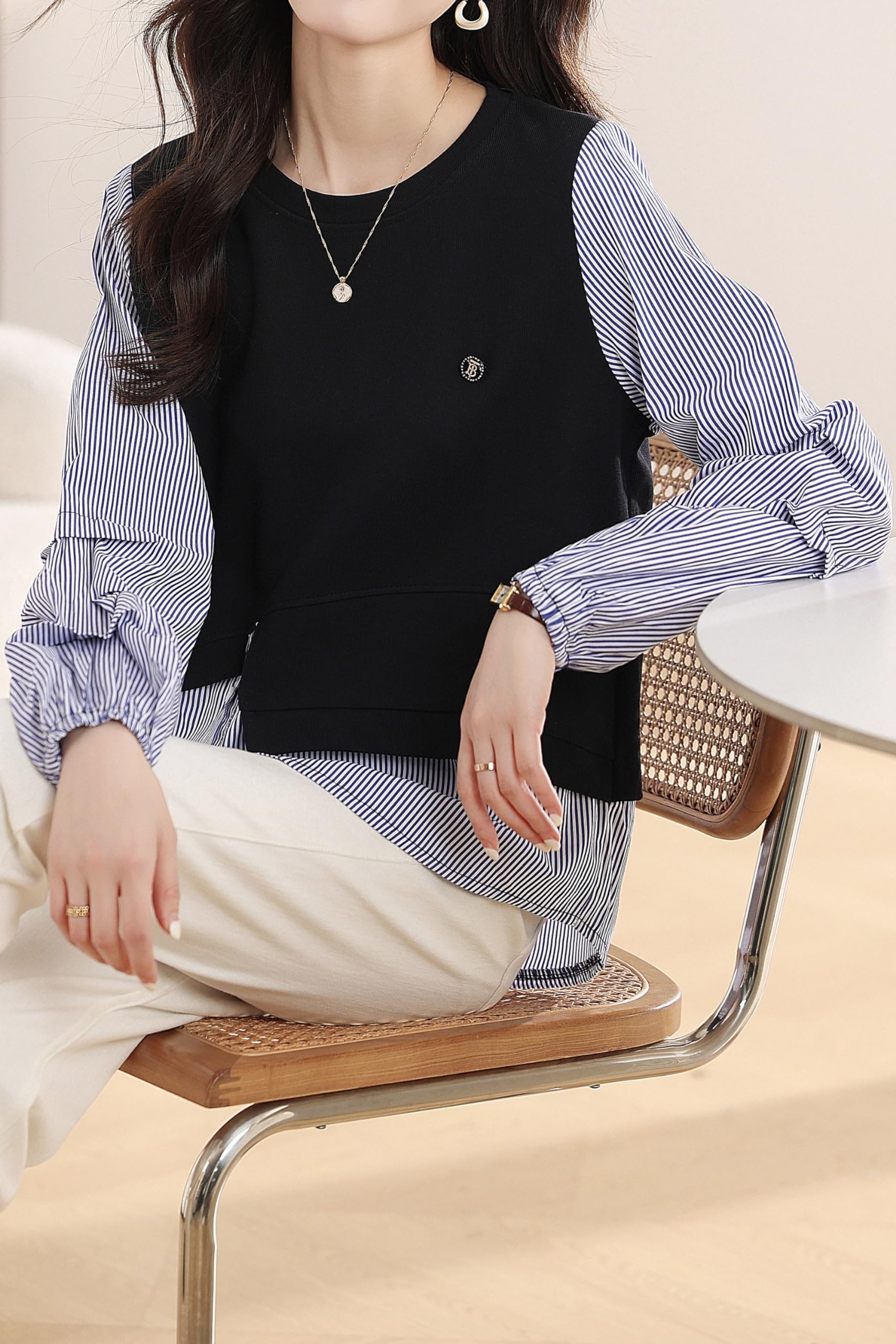Patchwork Knit Round Neck Pullover Tops - LAI MENG FIVE CATS