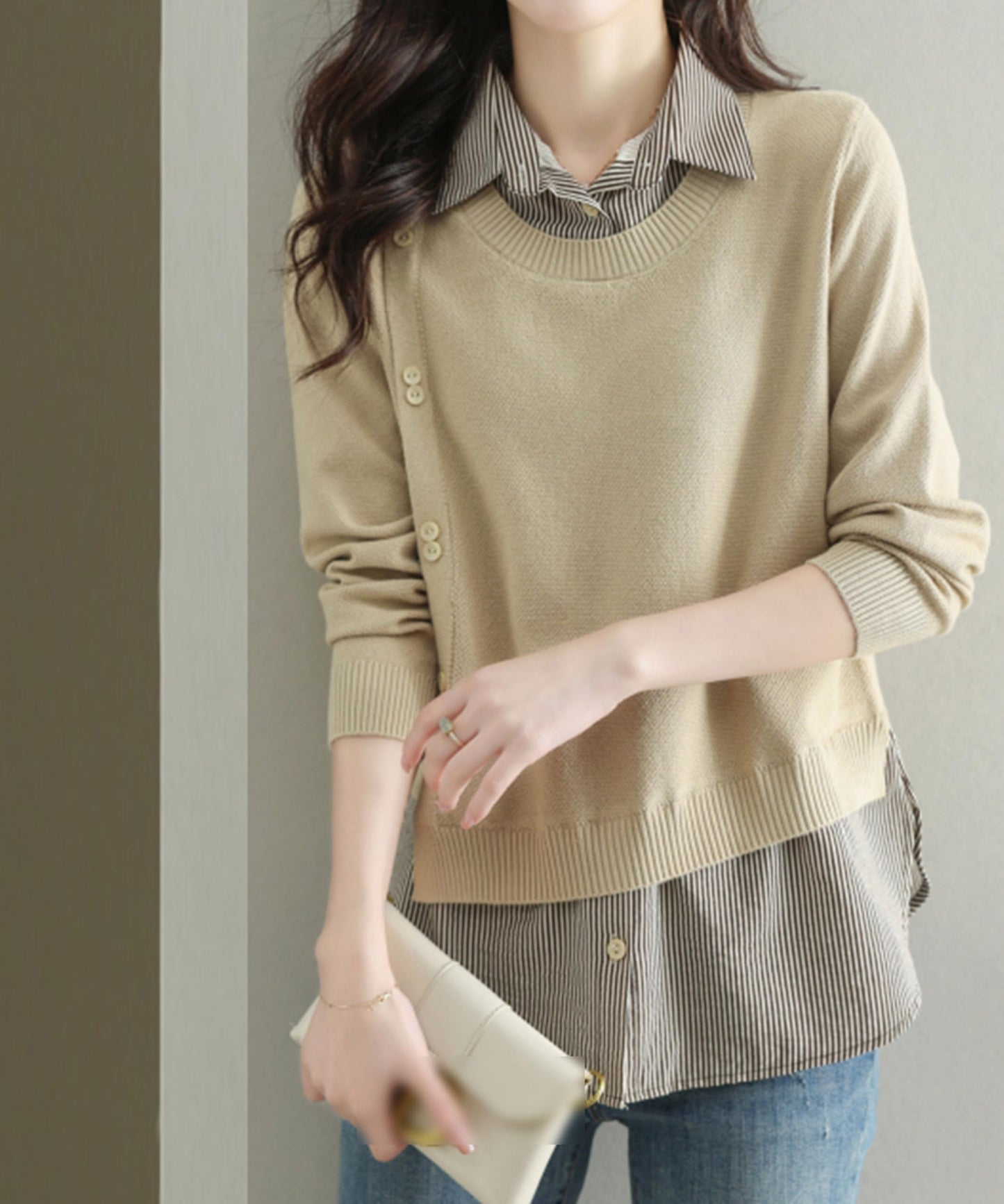 Womens Knit Long Sleeve Patchwork Blouse Tops - LAI MENG FIVE CATS