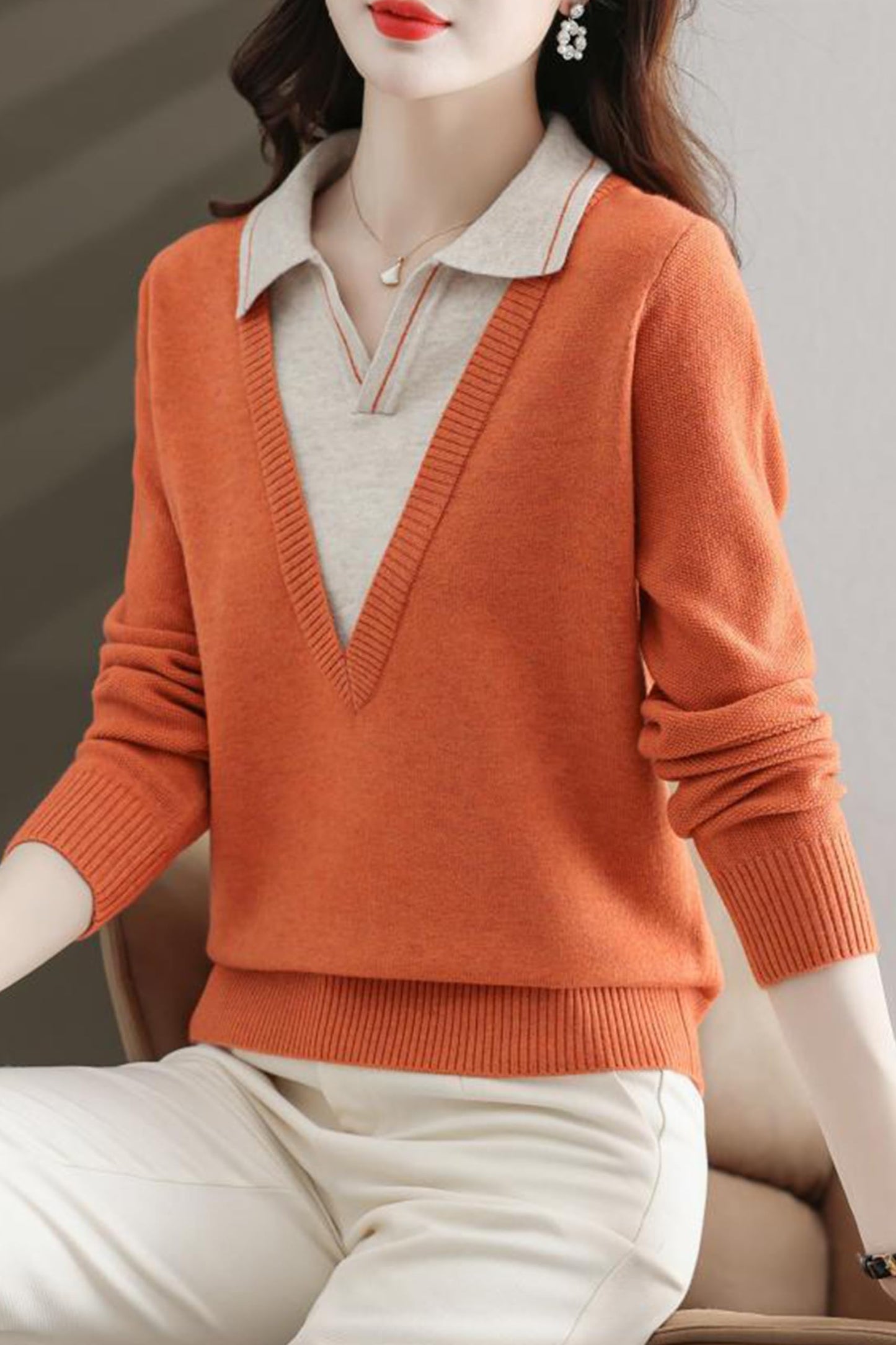 Collar Shirt V-Neck Patchwork Blouse Top - LAI MENG FIVE CATS