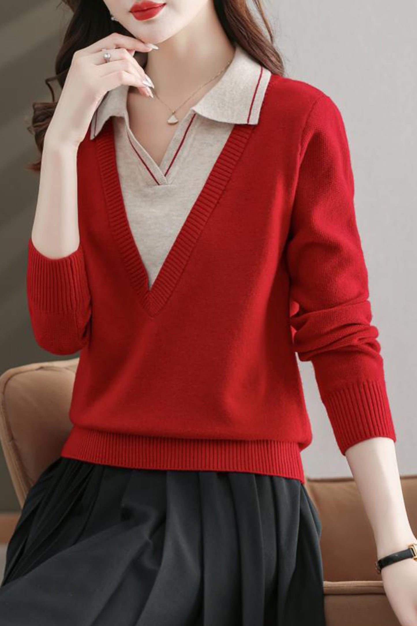Collar Shirt V-Neck Patchwork Blouse Top - LAI MENG FIVE CATS