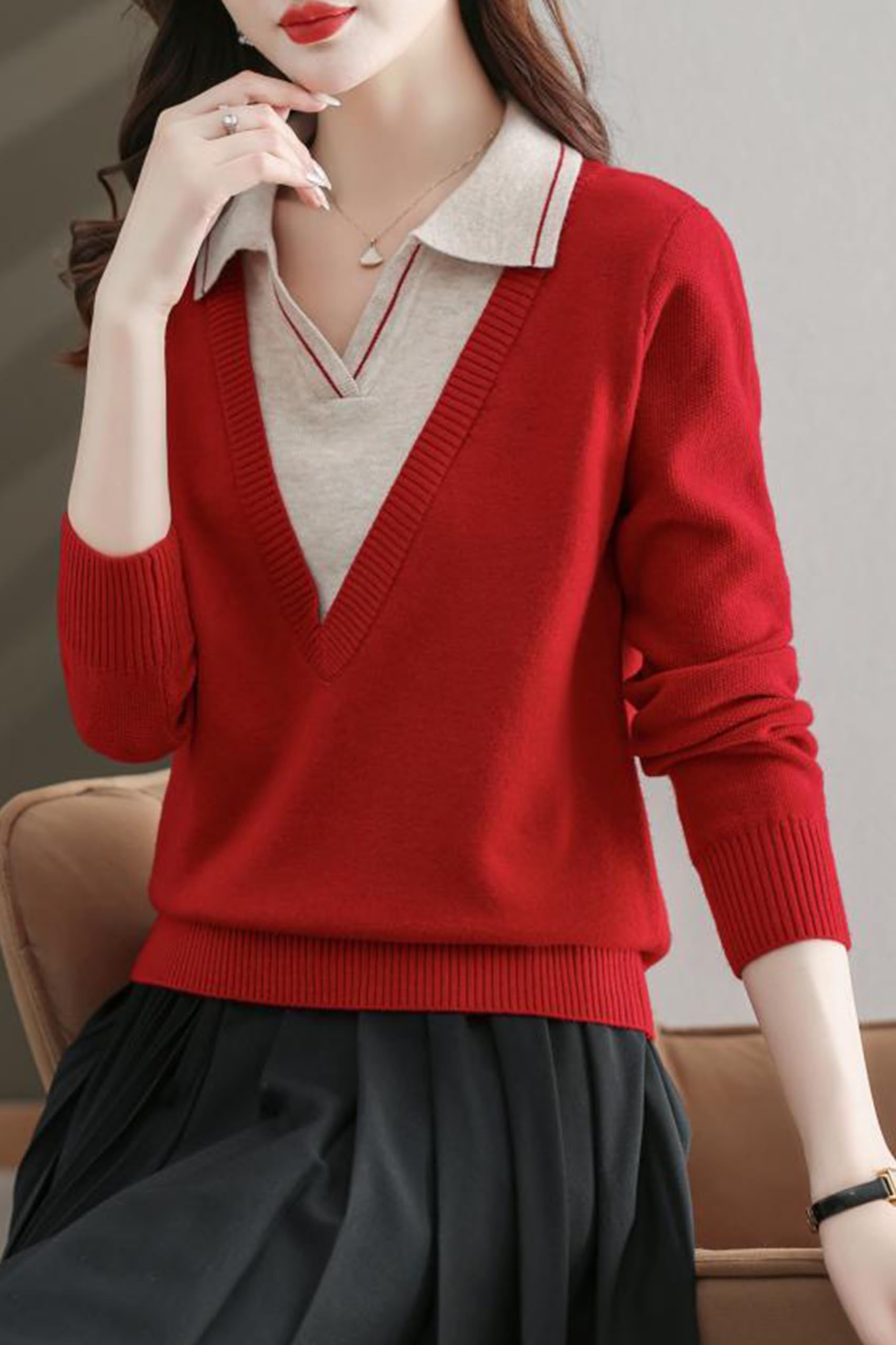 Collar Shirt V-Neck Patchwork Blouse Top - LAI MENG FIVE CATS