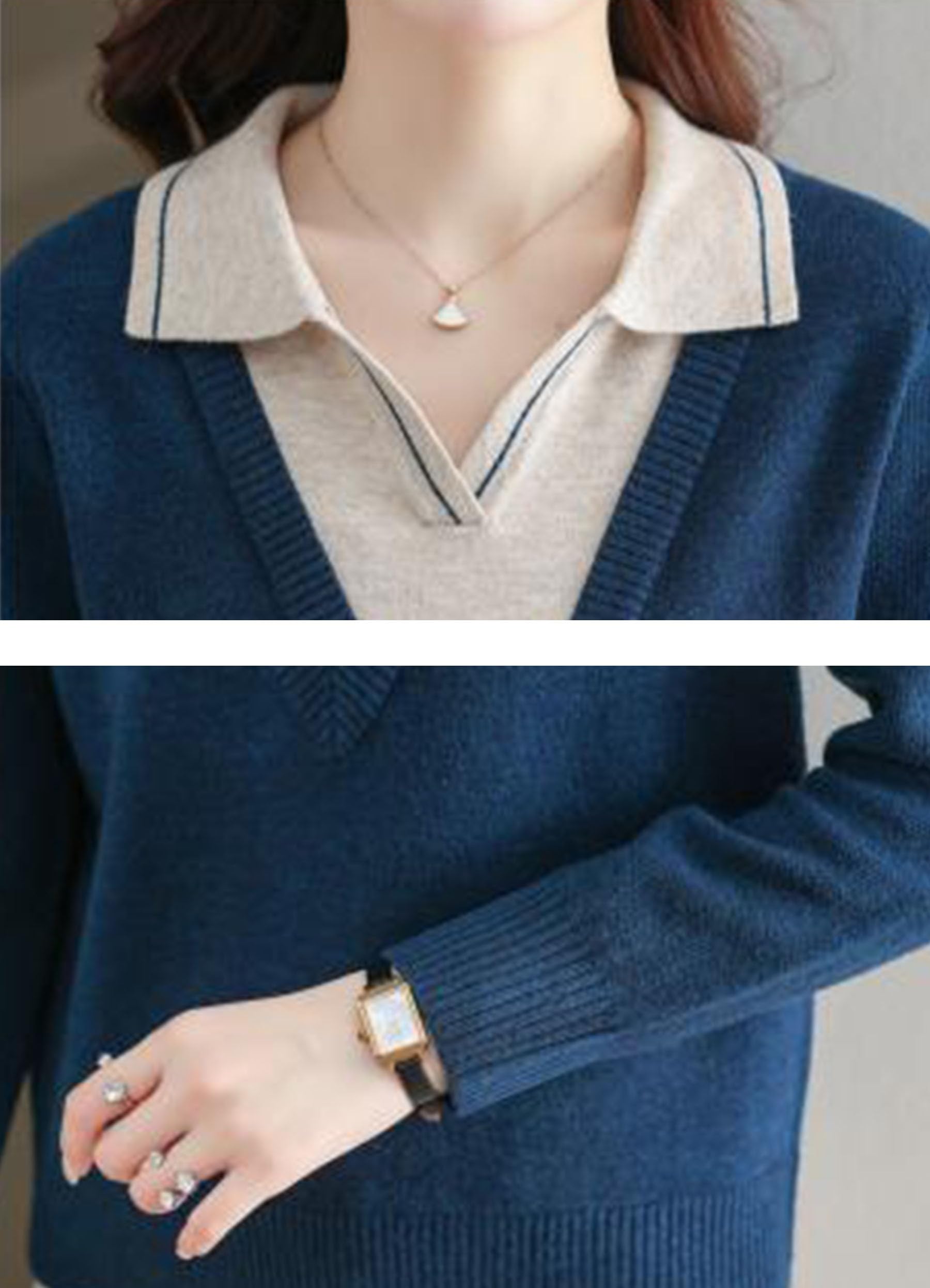 Collar Shirt V-Neck Patchwork Blouse Top - LAI MENG FIVE CATS