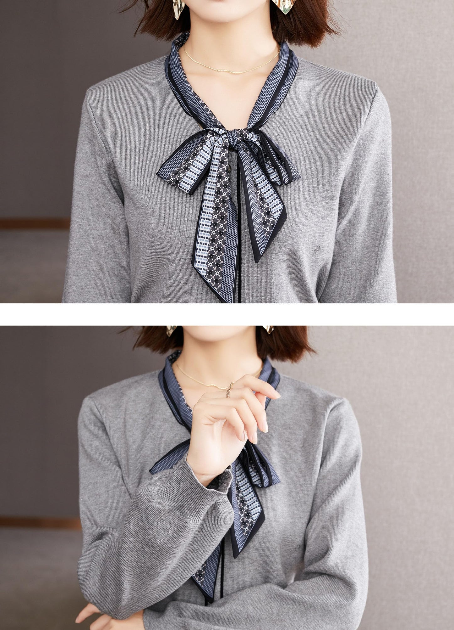 BK-Tie Neck Casual Shirt Tunic Pullover Blouse Tops - LAI MENG FIVE CATS