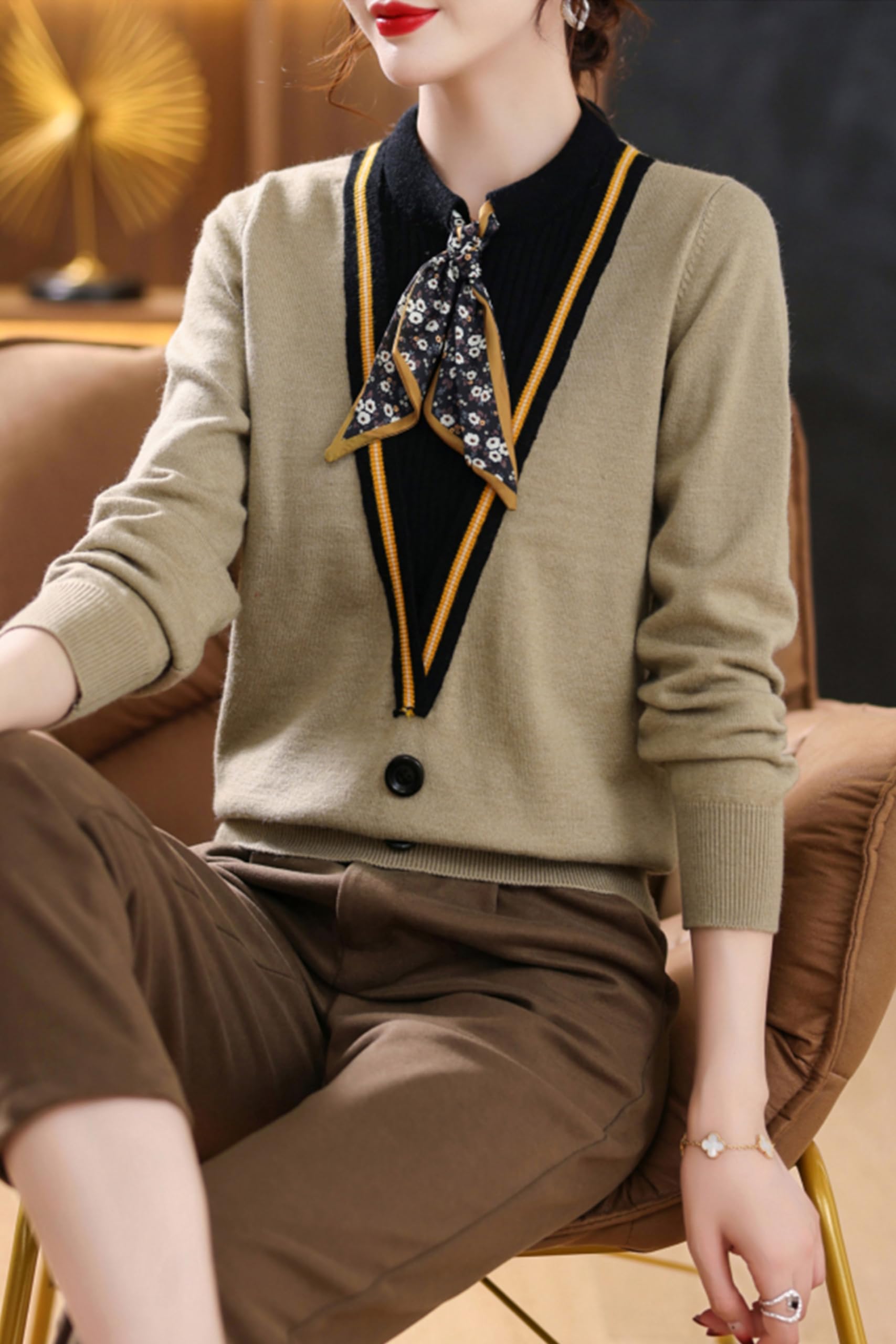 Women's Tie Neck Casual Shirt Tunic Pullover Blouse Tops - LAI MENG FIVE CATS