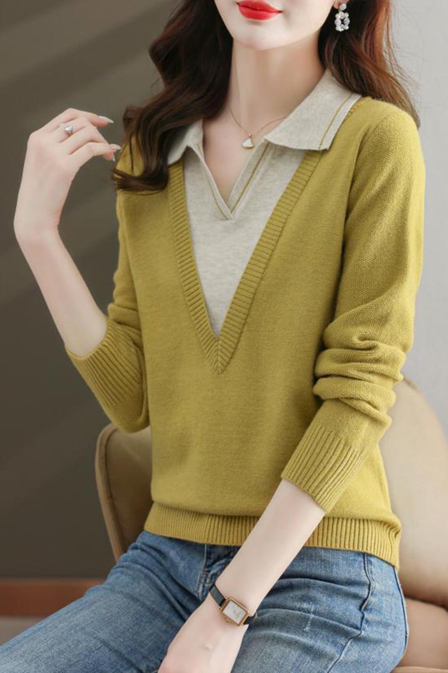 Collar Shirt V-Neck Patchwork Blouse Top - LAI MENG FIVE CATS