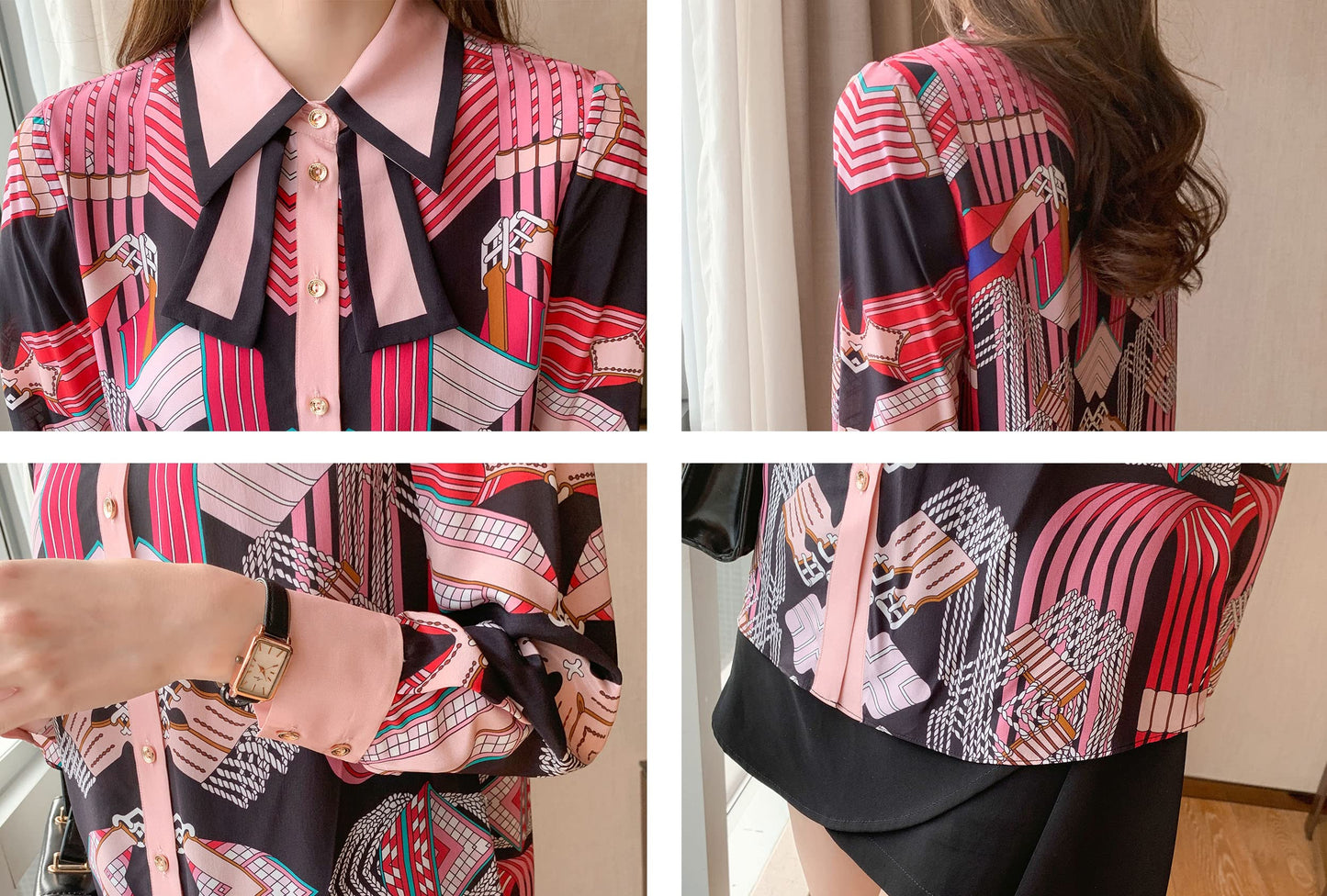 B20-Women's Tie Neck Floral Print Long Sleeve Blouse Top - LAI MENG FIVE CATS