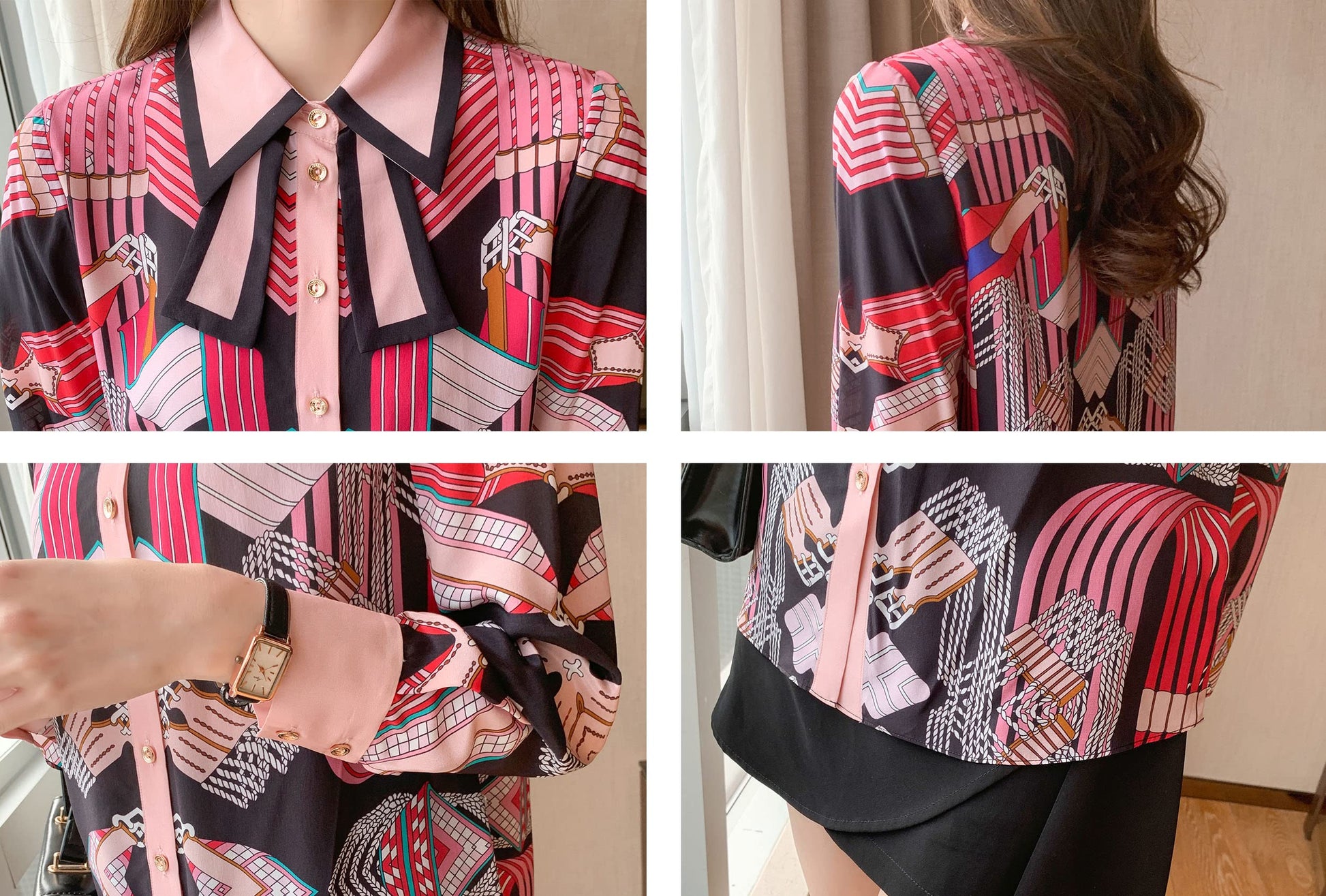 B20-Women's Tie Neck Floral Print Long Sleeve Blouse Top - LAI MENG FIVE CATS