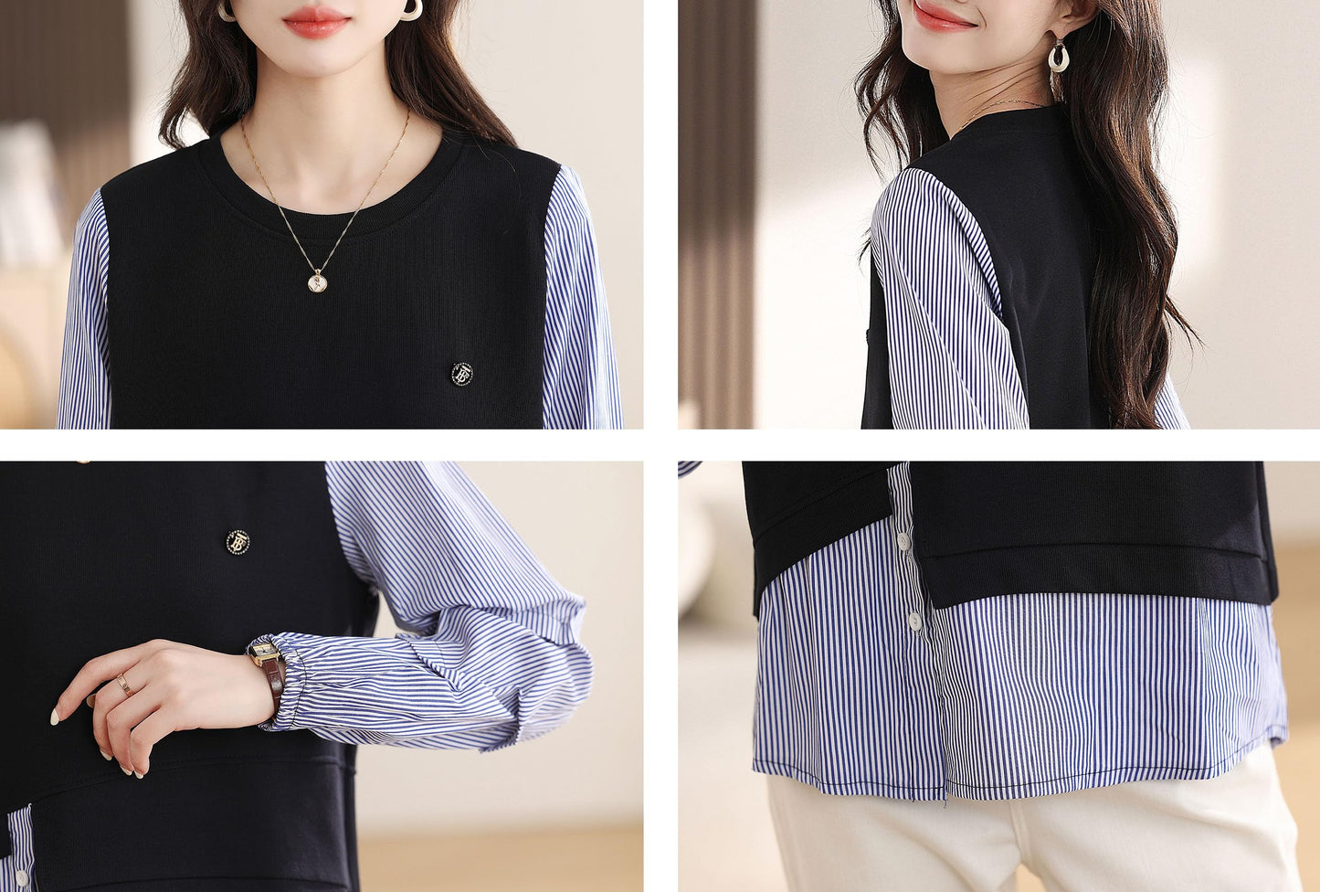 Patchwork Knit Round Neck Pullover Tops - LAI MENG FIVE CATS