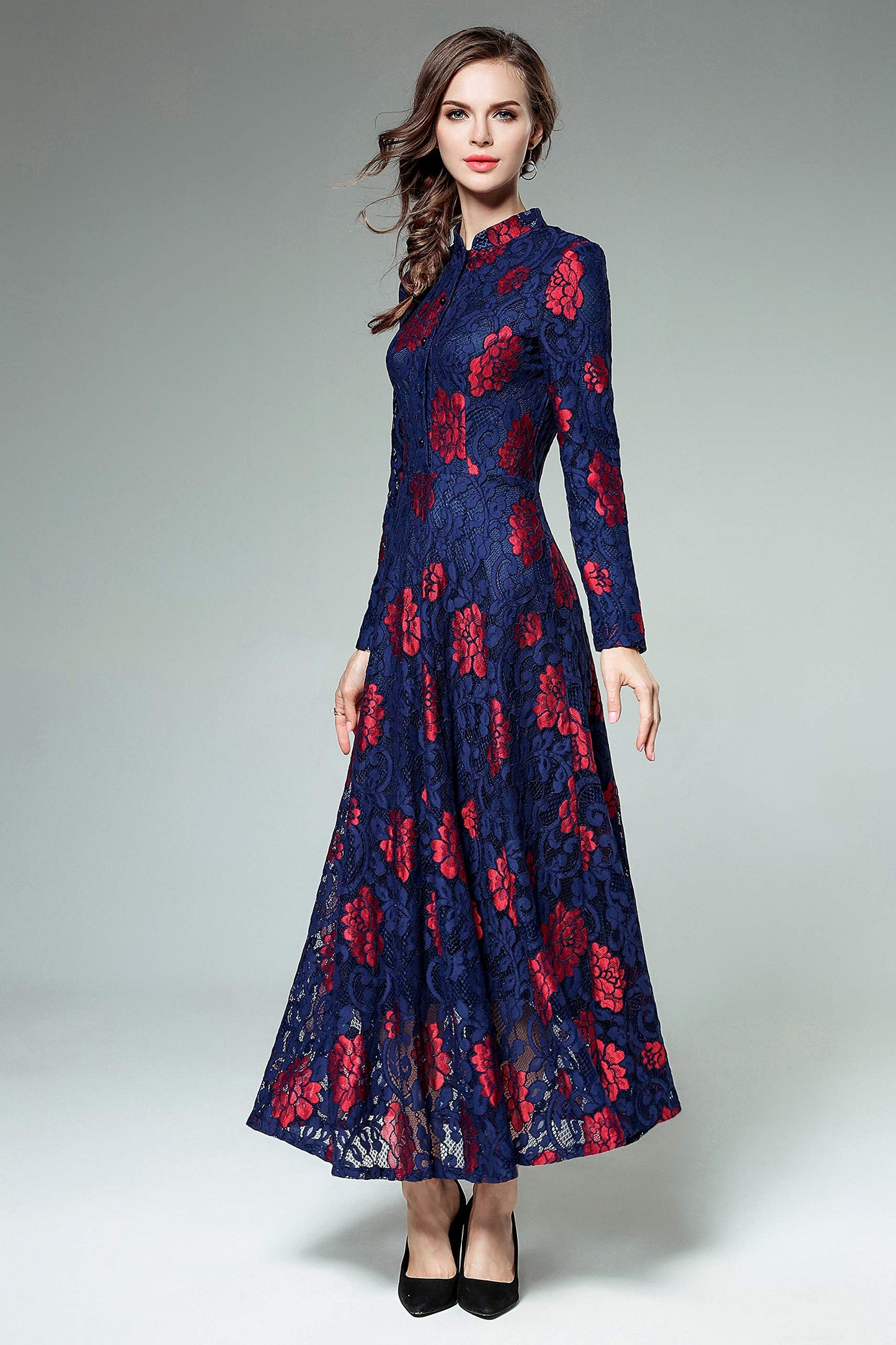 BK-Lace Floral Cocktail Evening Wedding Guest Party Maxi Dress