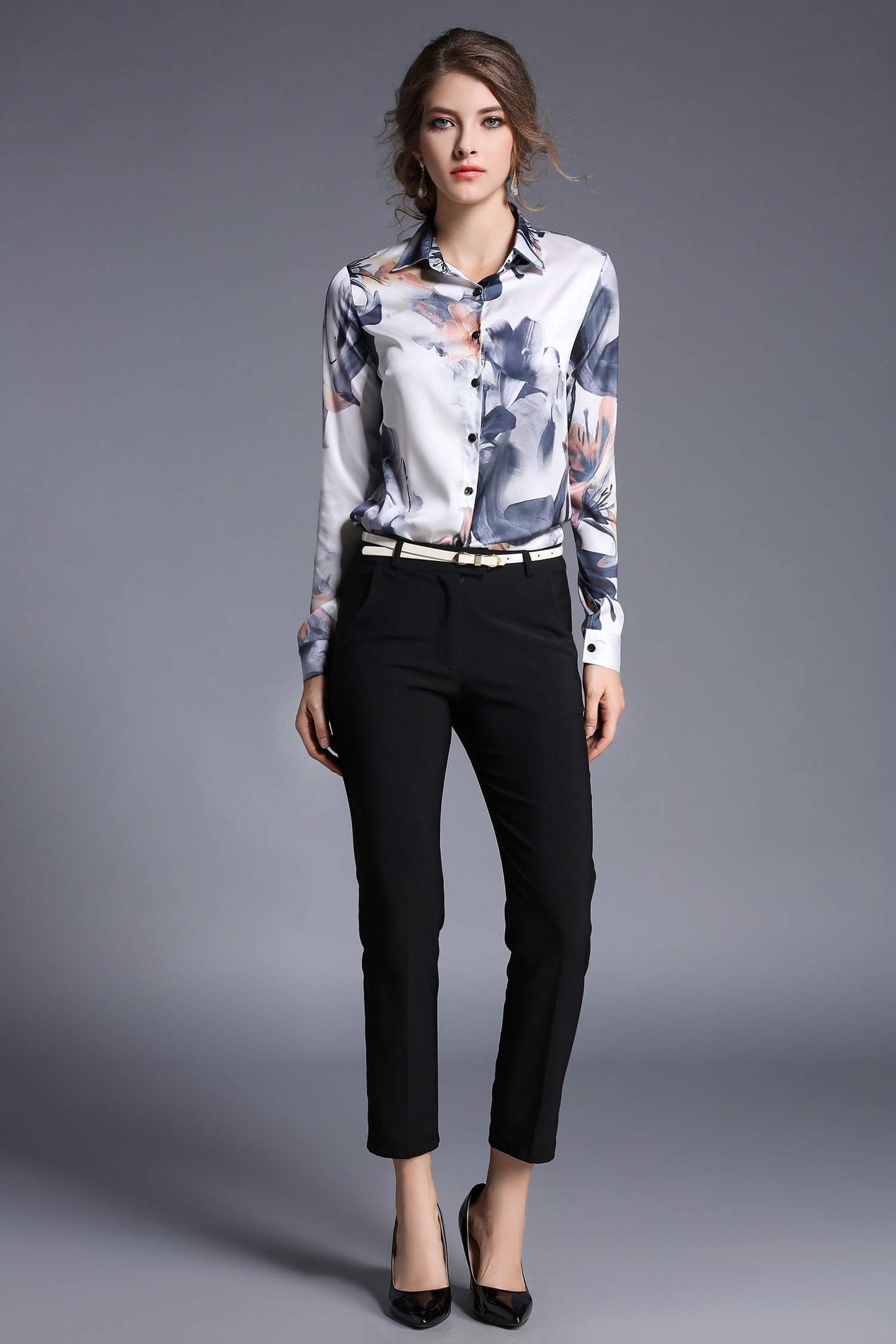 BK-Floral Print Long Sleeve Satin Shirt - LAI MENG FIVE CATS