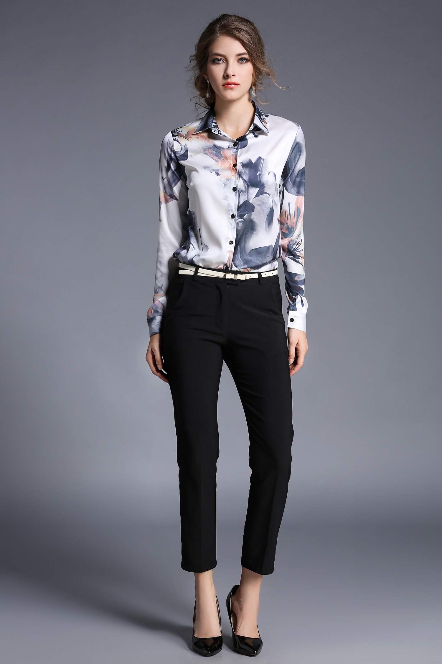 BK-Floral Print Long Sleeve Satin Shirt - LAI MENG FIVE CATS