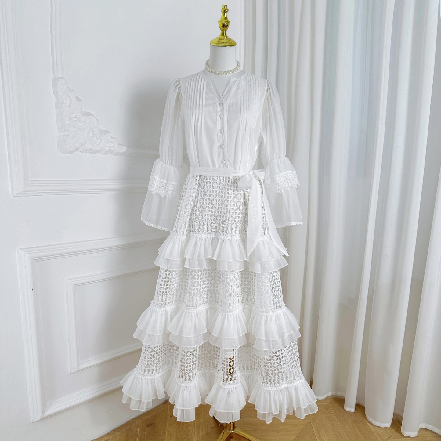 Bell Sleeves Buttons Ruffle Layered Hem Hollow Princess Dress with Belt - LAI MENG FIVE CATS