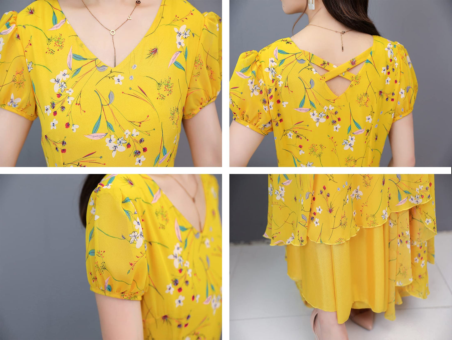 SSY-Women's Short Sleeve V-Neck Print Swing Maxi Dress