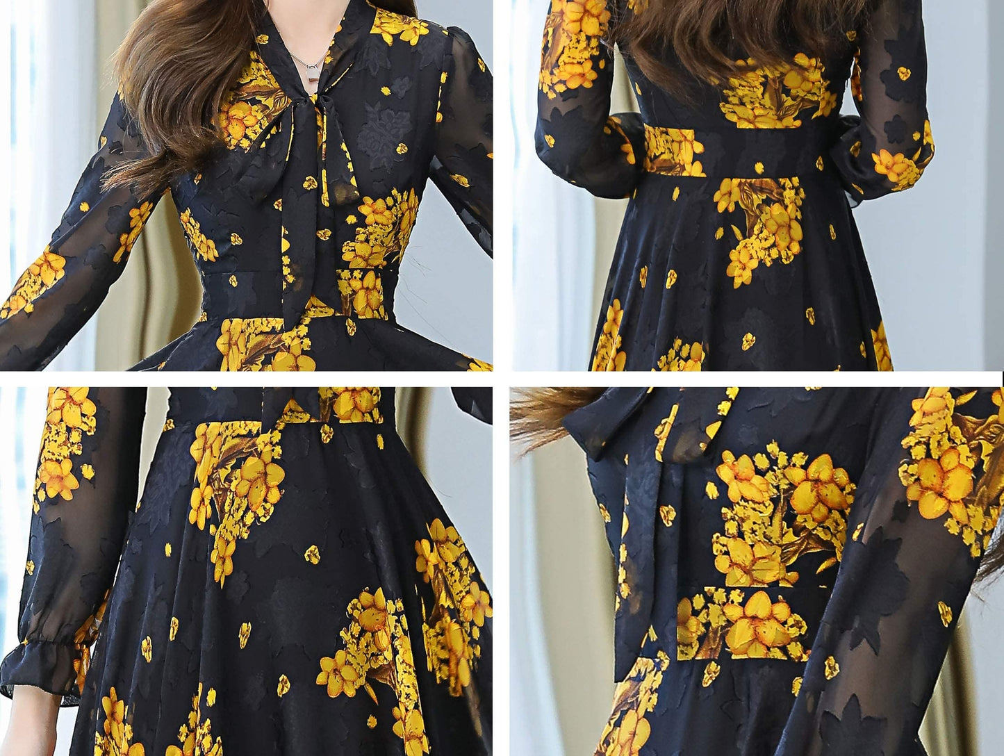 SSY-Women's Chiffon Tie V-Neck Allover Floral Maxi Dress