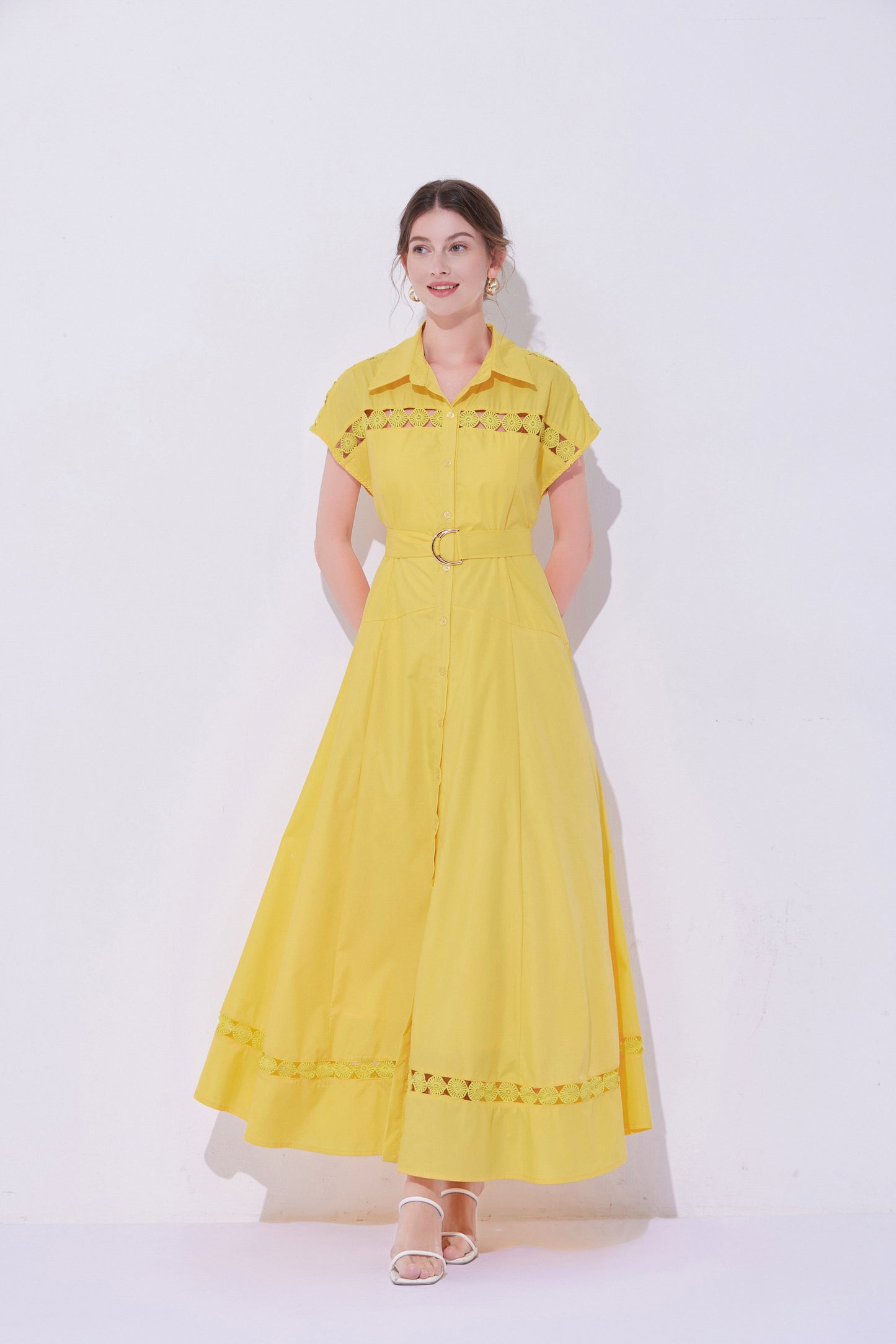 Women's Collar Hollow Cap Sleeve Maxi Dress