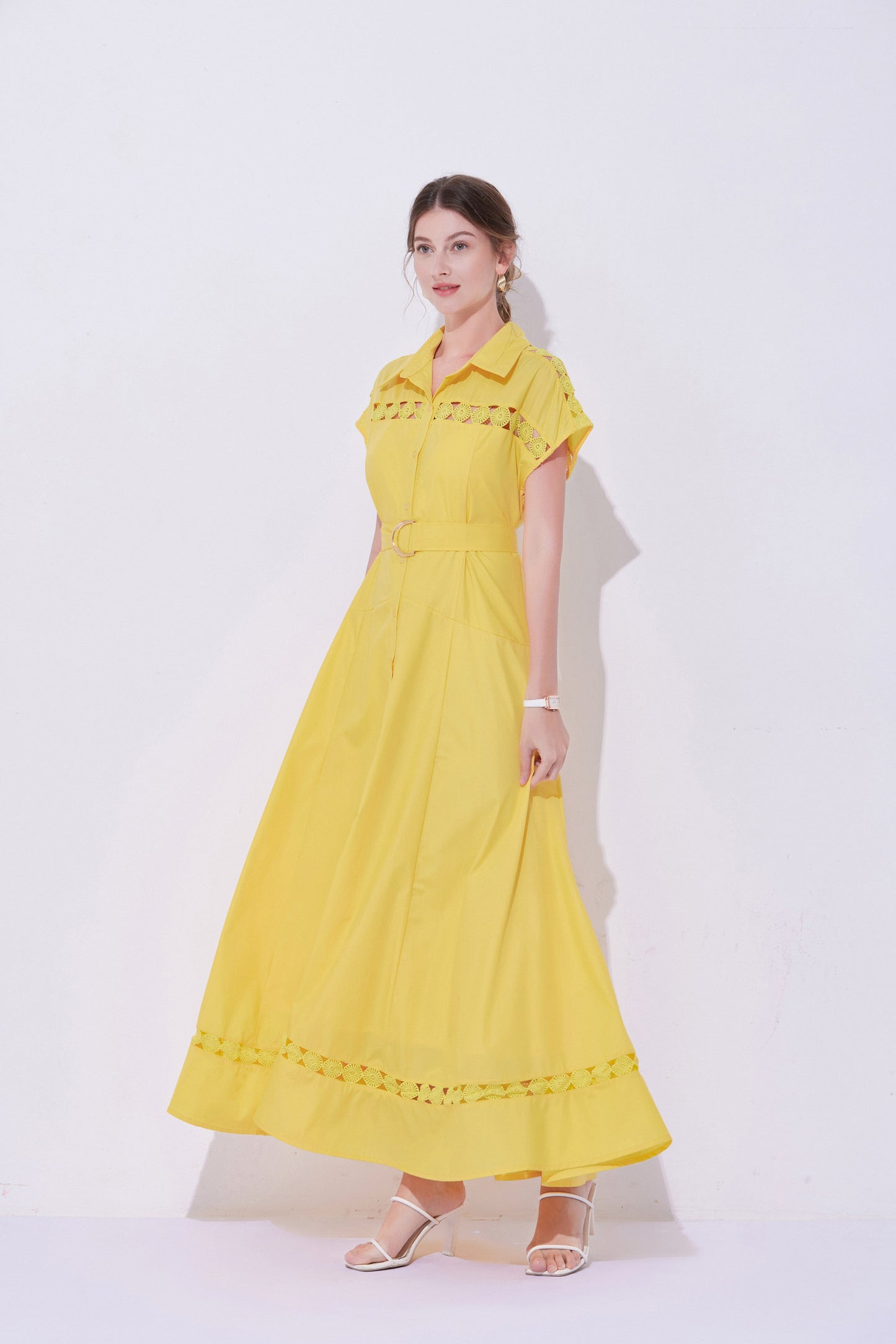Women's Collar Hollow Cap Sleeve Maxi Dress