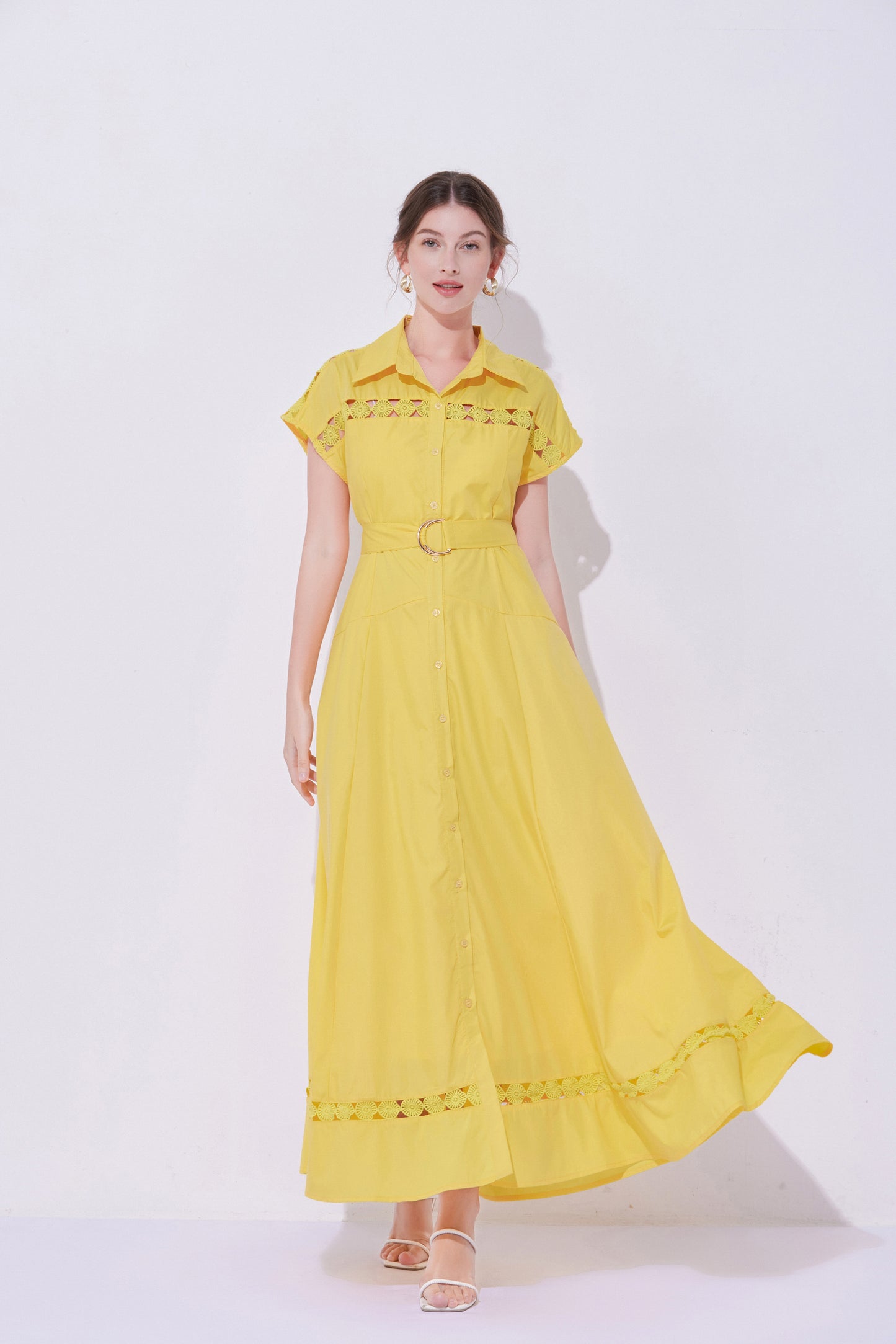 Women's Collar Hollow Cap Sleeve Maxi Dress