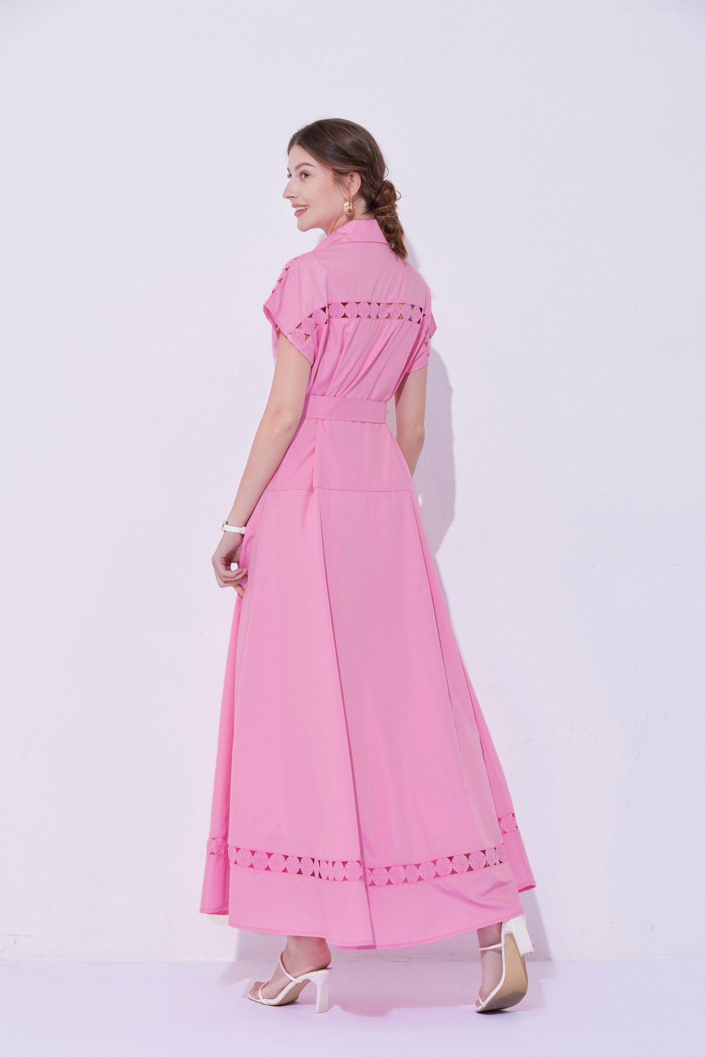 Women's Collar Hollow Cap Sleeve Maxi Dress