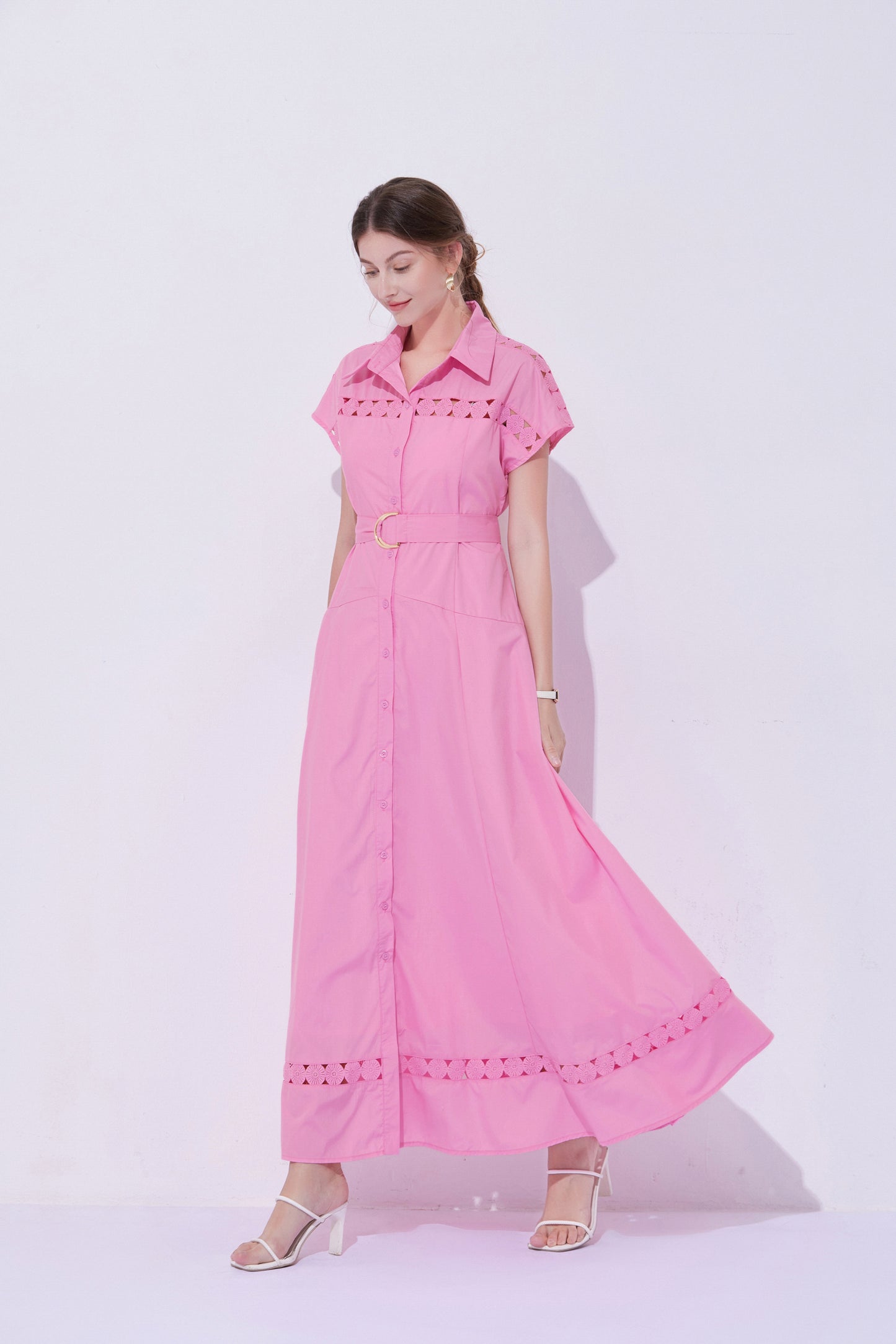 Women's Collar Hollow Cap Sleeve Maxi Dress