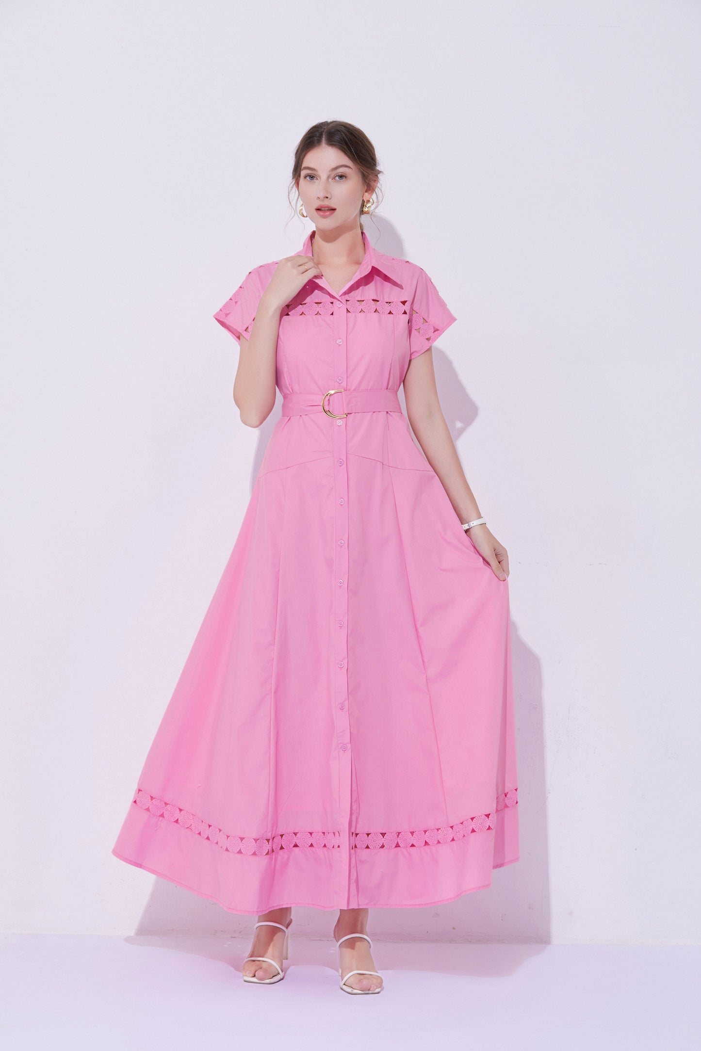 Women's Collar Hollow Cap Sleeve Maxi Dress