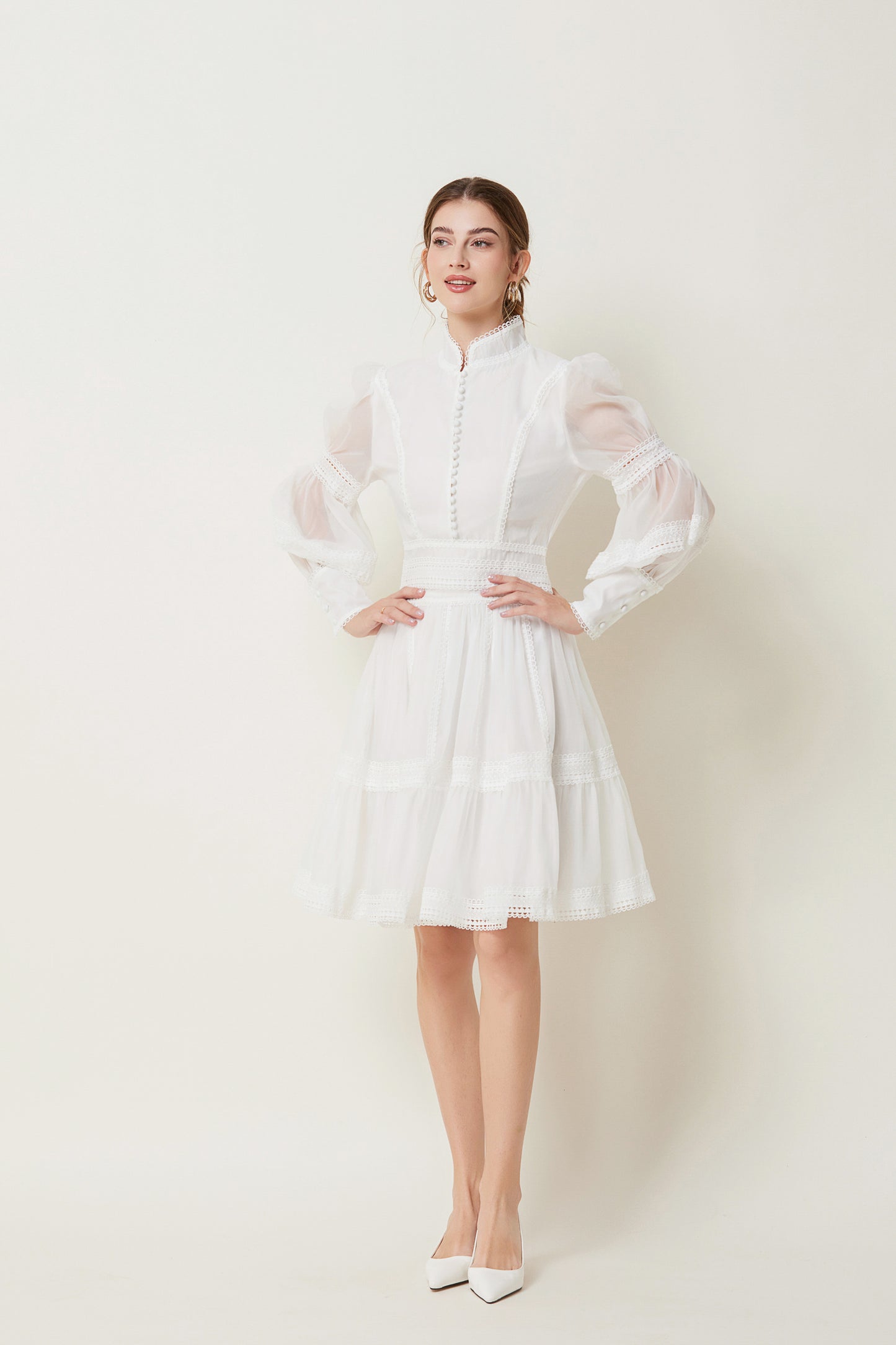 BK-Organza Lace Puff Sleeve Mini Dress