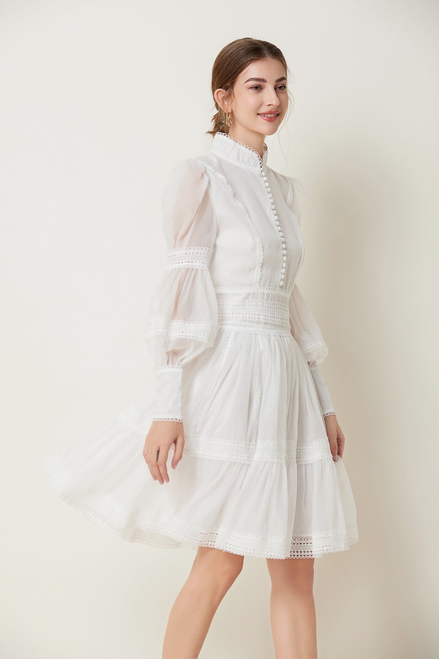 BK-Organza Lace Puff Sleeve Mini Dress
