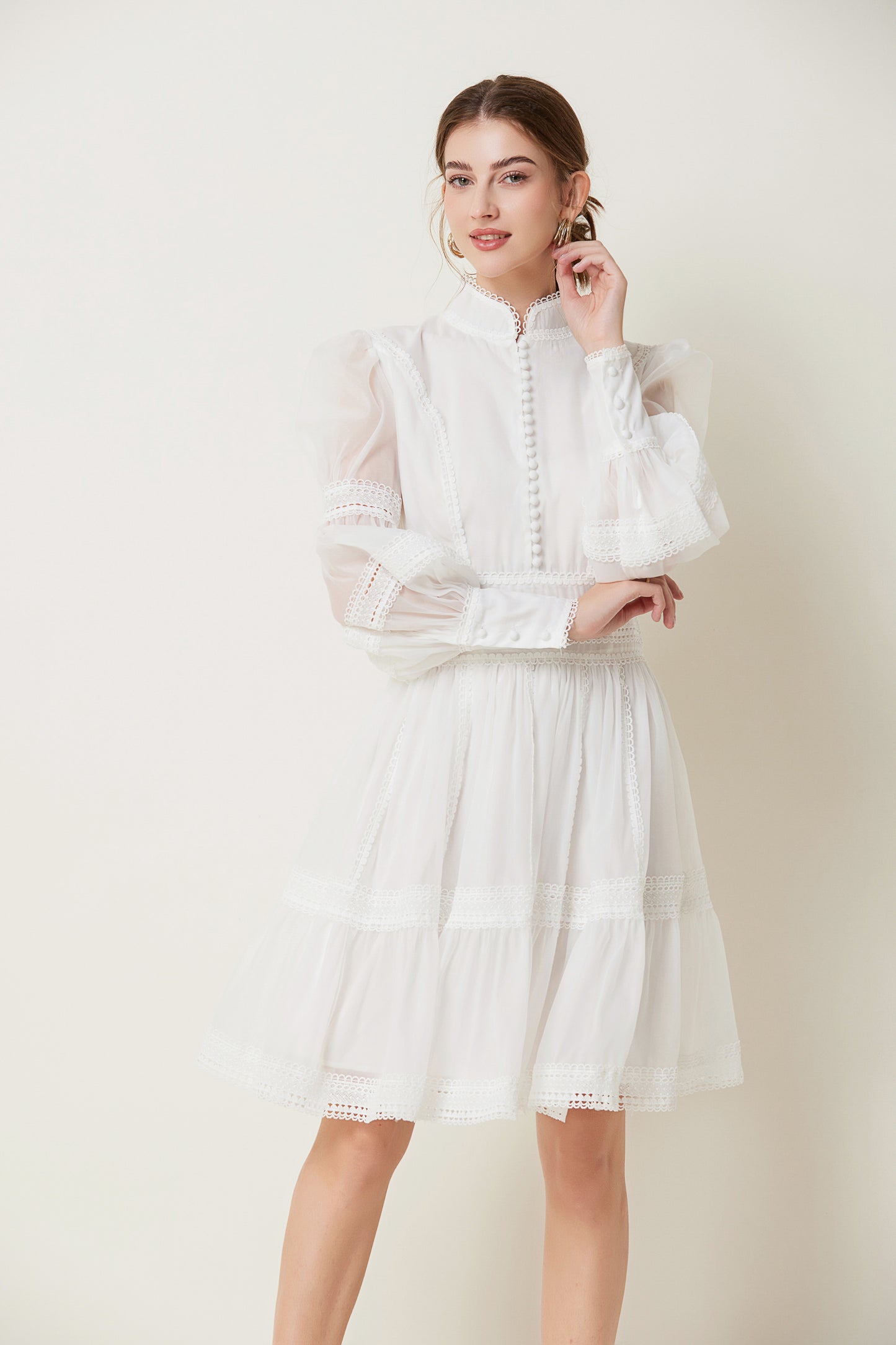 BK-Organza Lace Puff Sleeve Mini Dress