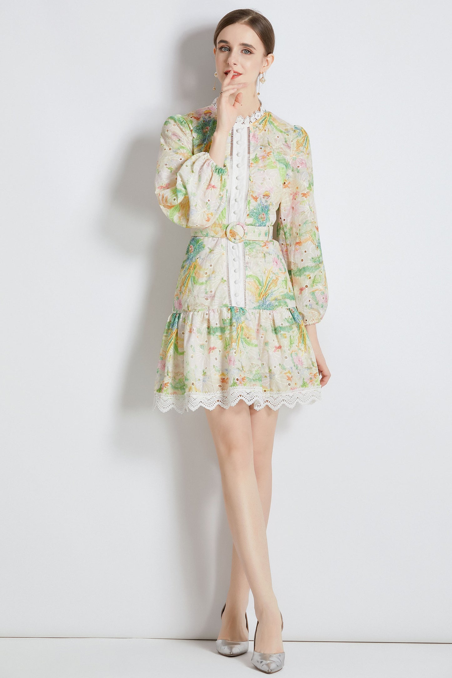 Yellow Floral print Long Puff Sleeve Mini Dress - LAI MENG FIVE CATS