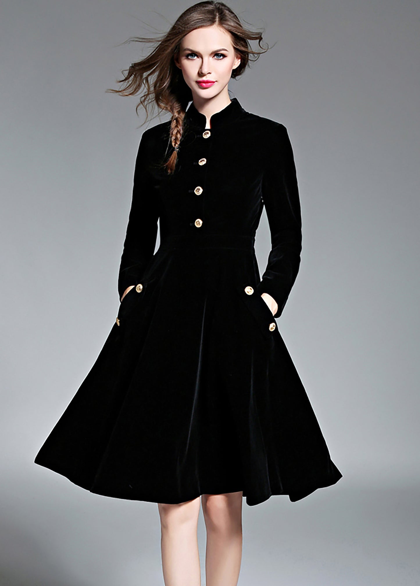 Velvet Button Up Pockets Dress - LAI MENG FIVE CATS