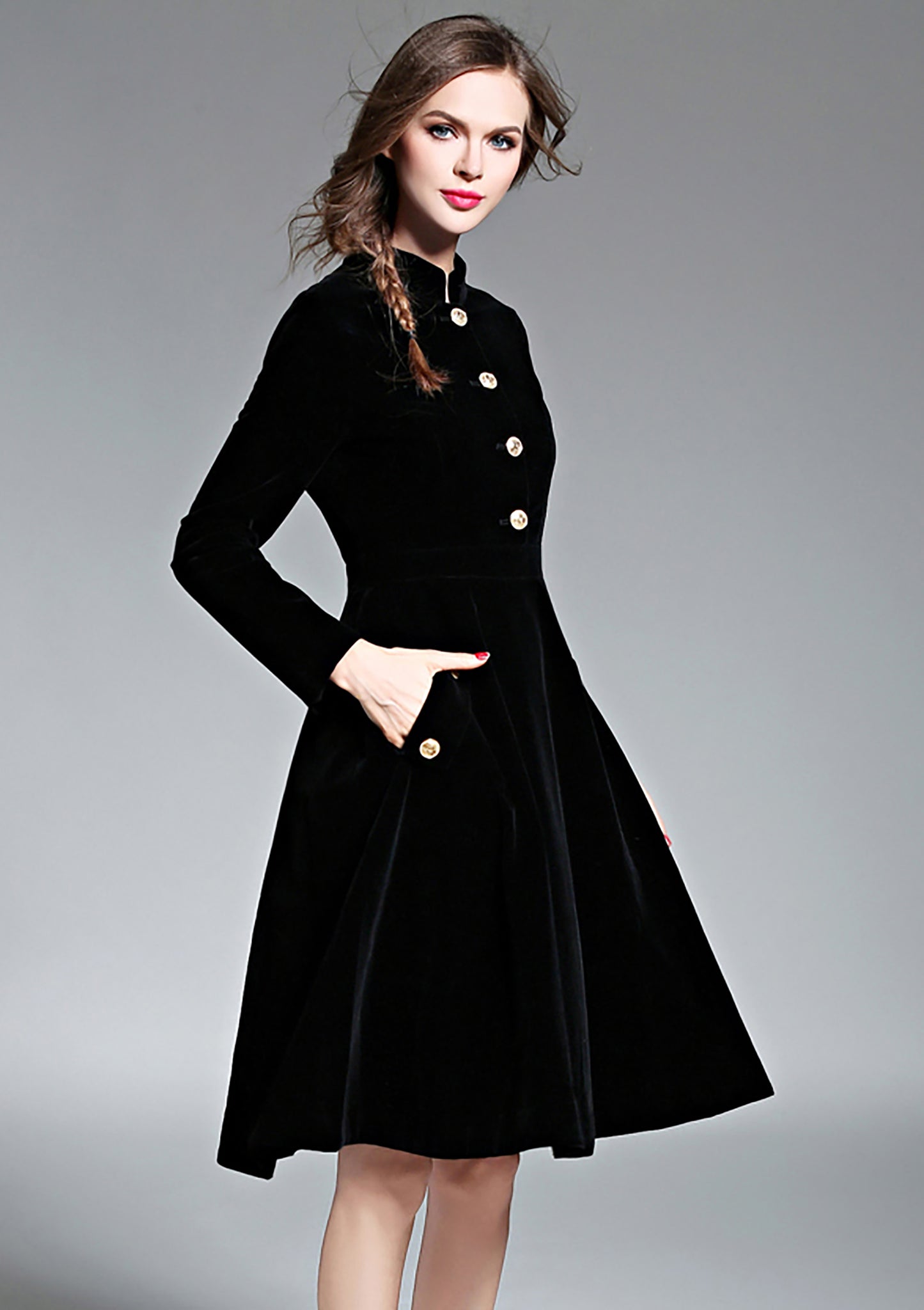 Velvet Button Up Pockets Dress - LAI MENG FIVE CATS