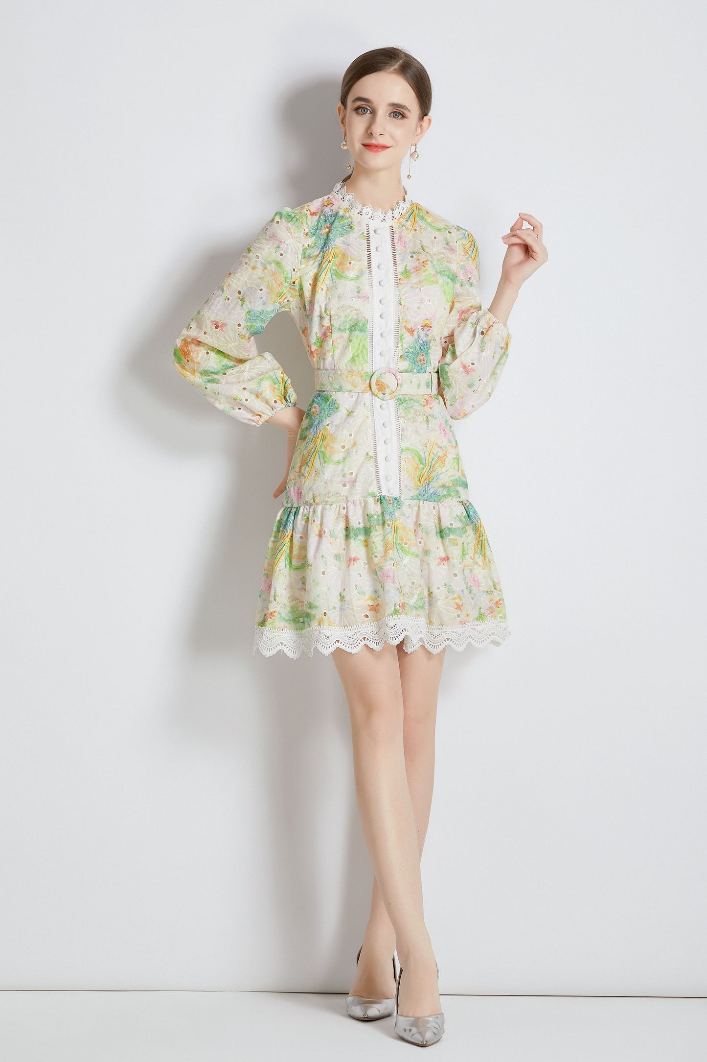 Yellow Floral print Long Puff Sleeve Mini Dress - LAI MENG FIVE CATS