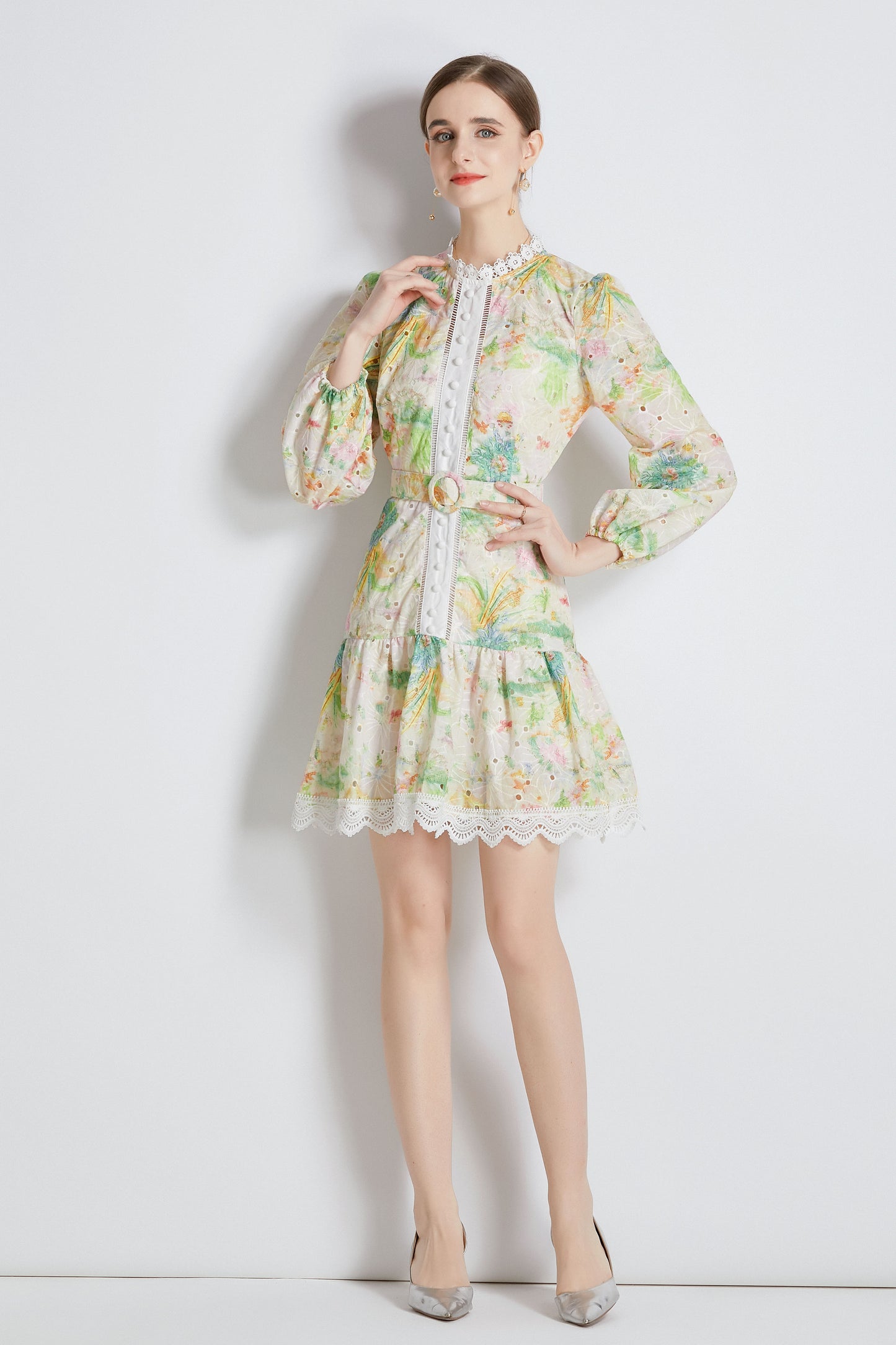 Yellow Floral print Long Puff Sleeve Mini Dress - LAI MENG FIVE CATS