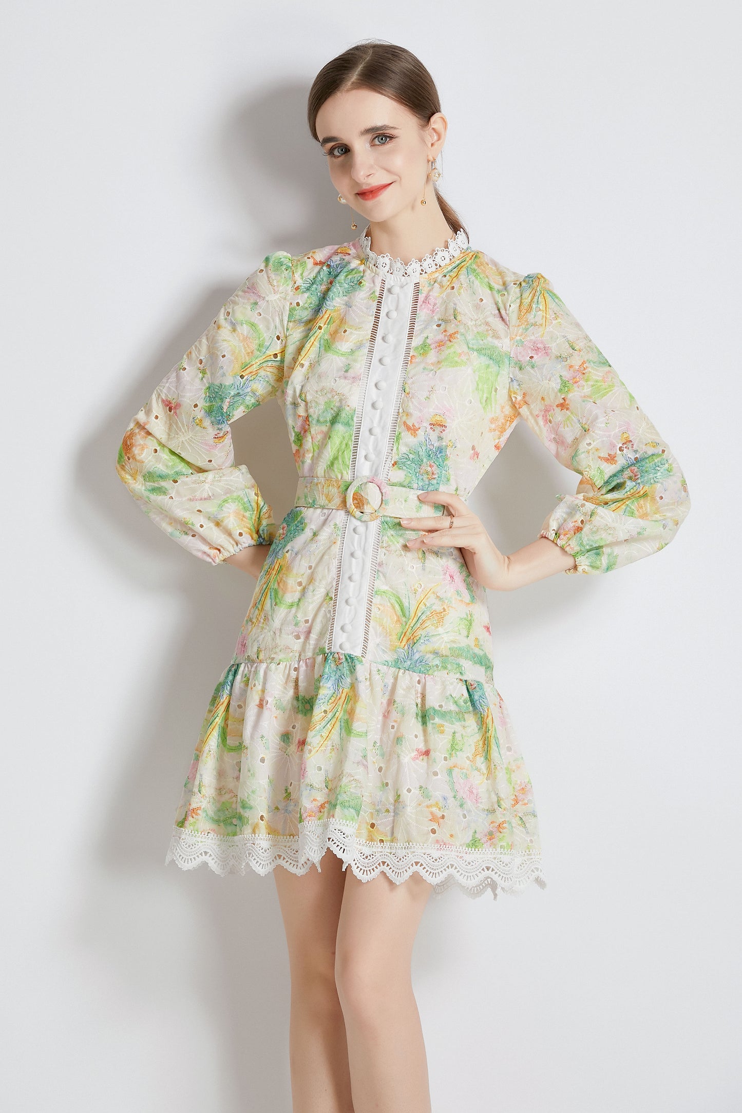 Yellow Floral print Long Puff Sleeve Mini Dress - LAI MENG FIVE CATS