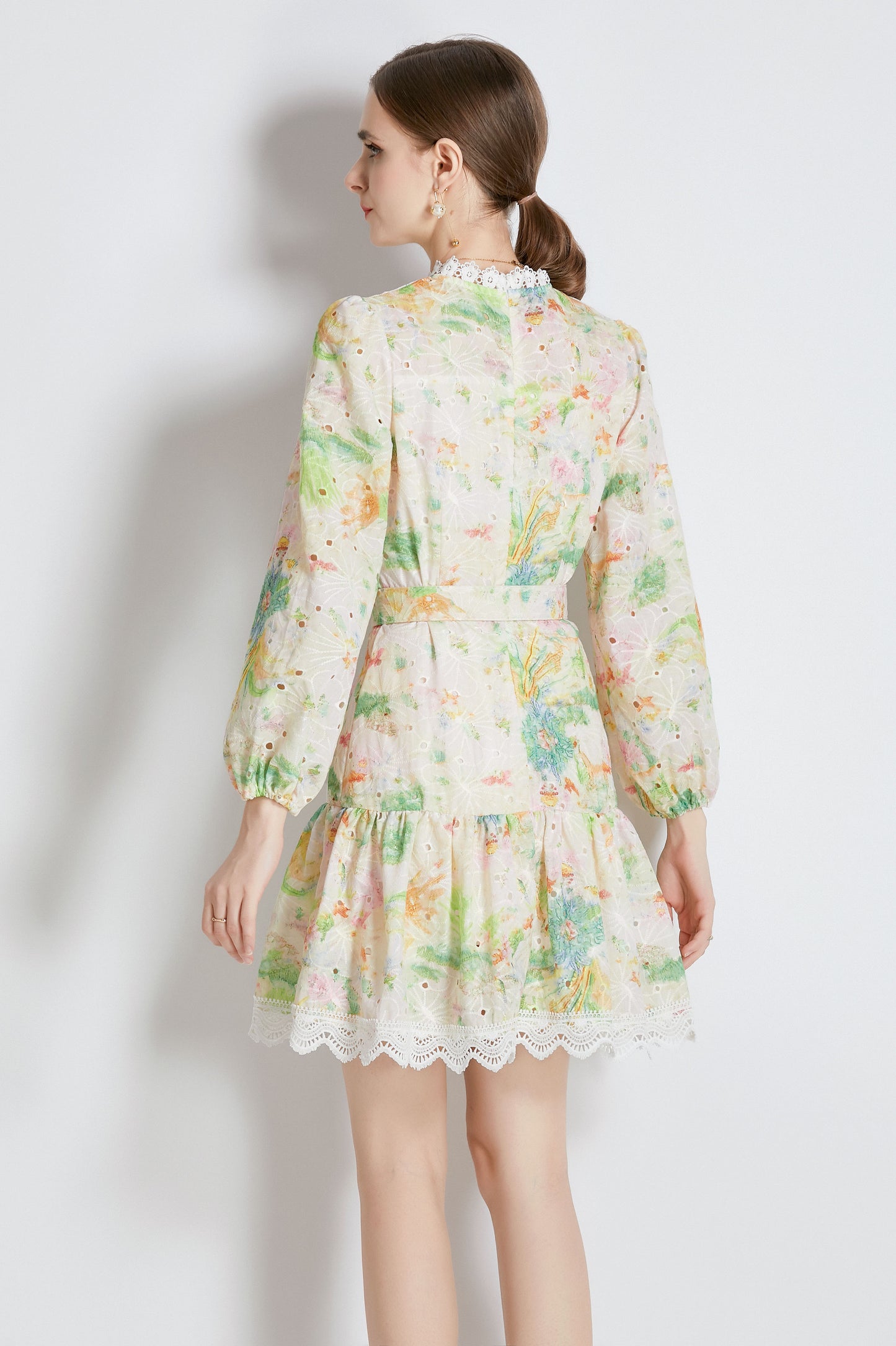 Yellow Floral print Long Puff Sleeve Mini Dress - LAI MENG FIVE CATS