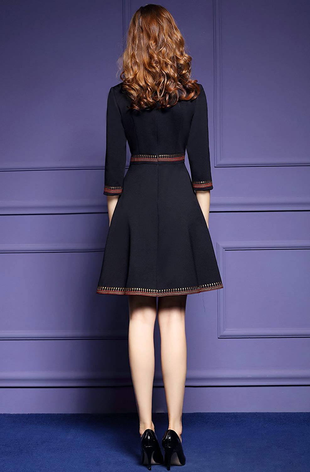 Women s Elegant floral embroidery 3/4 sleeves dress - LAI MENG FIVE CATS
