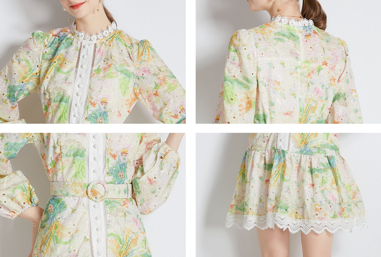 Yellow Floral print Long Puff Sleeve Mini Dress - LAI MENG FIVE CATS