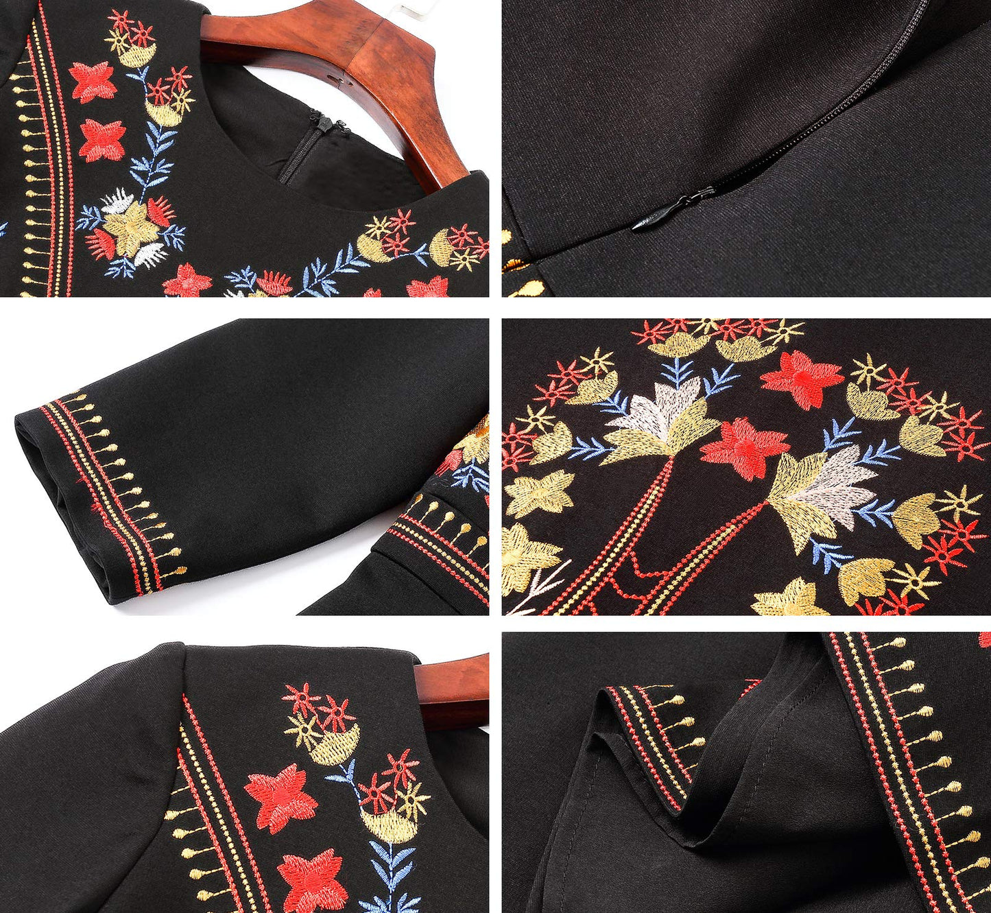 Women s Elegant floral embroidery 3/4 sleeves dress - LAI MENG FIVE CATS