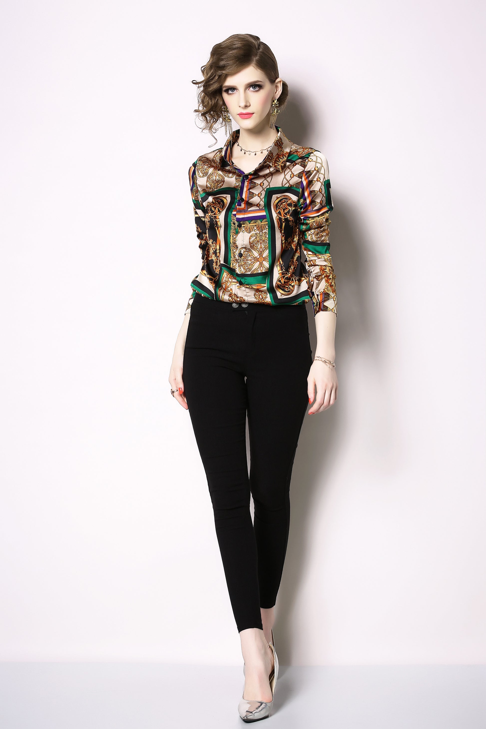 Women's Elegant Baroque Print Button Up Casual Shirt - LAI MENG FIVE CATS