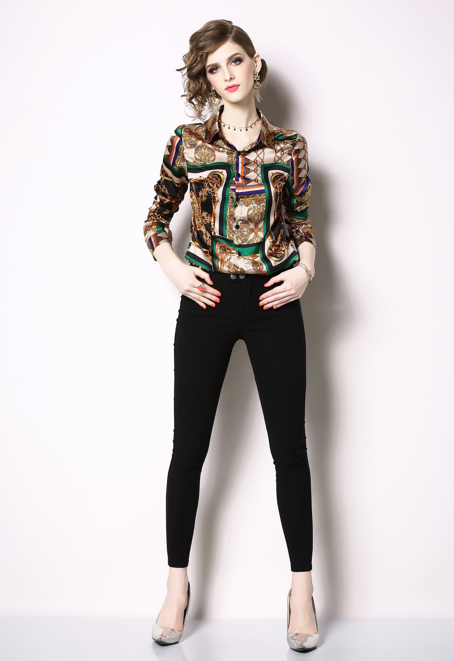 Women's Elegant Baroque Print Button Up Casual Shirt - LAI MENG FIVE CATS