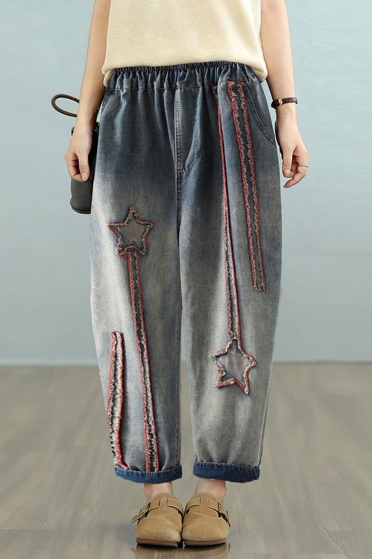 Women Jeans Denim Loose Elastic Waist Pant