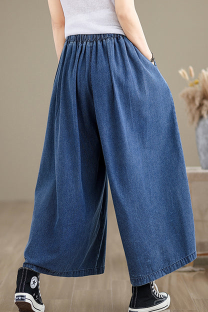 Women's Loose Elastic Waist Wide Leg Denim Pants