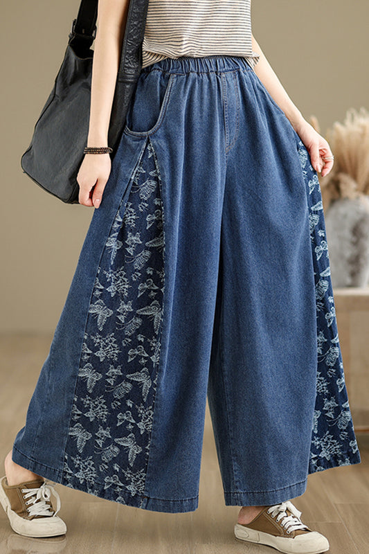 Women's Loose Elastic Waist Wide Leg Denim Pants With Double Pockets