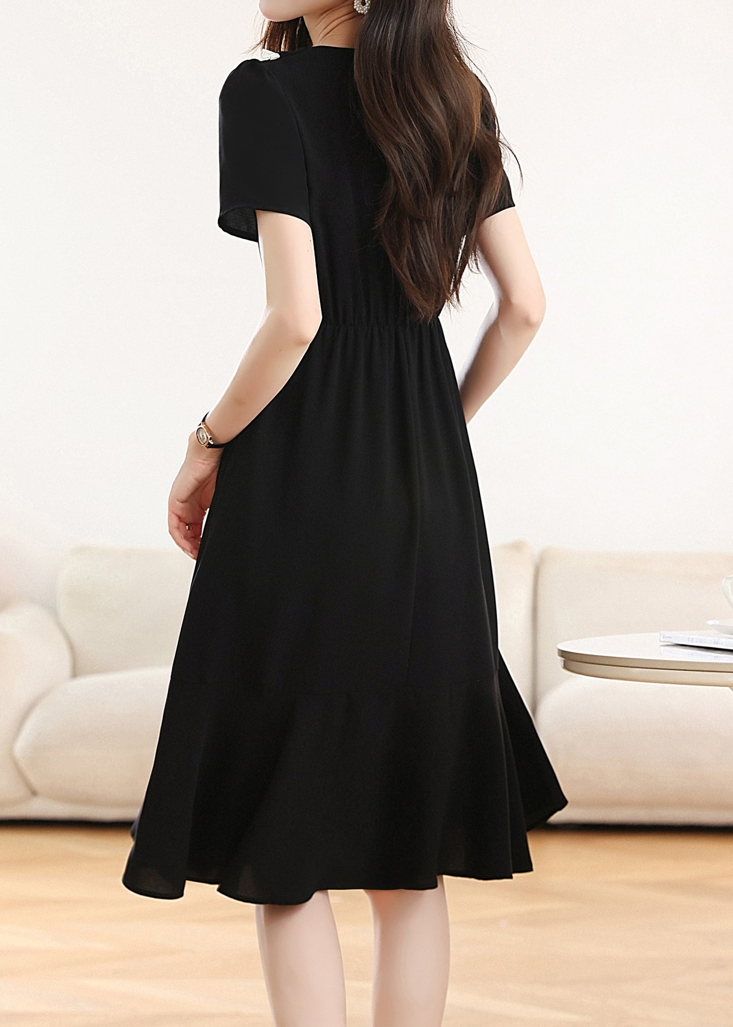 Black Chiffon V-Neck Midi Dress with Pockets