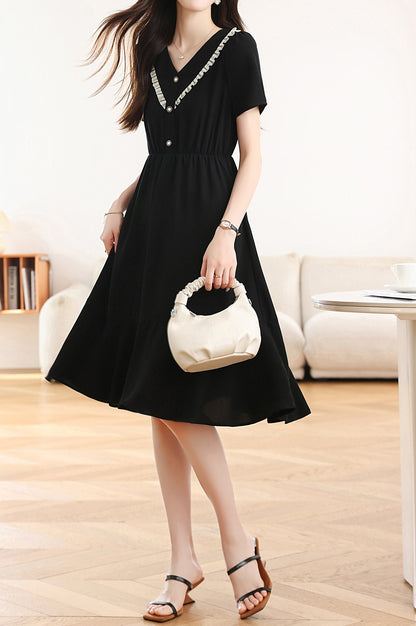 Black Chiffon V-Neck Midi Dress with Pockets