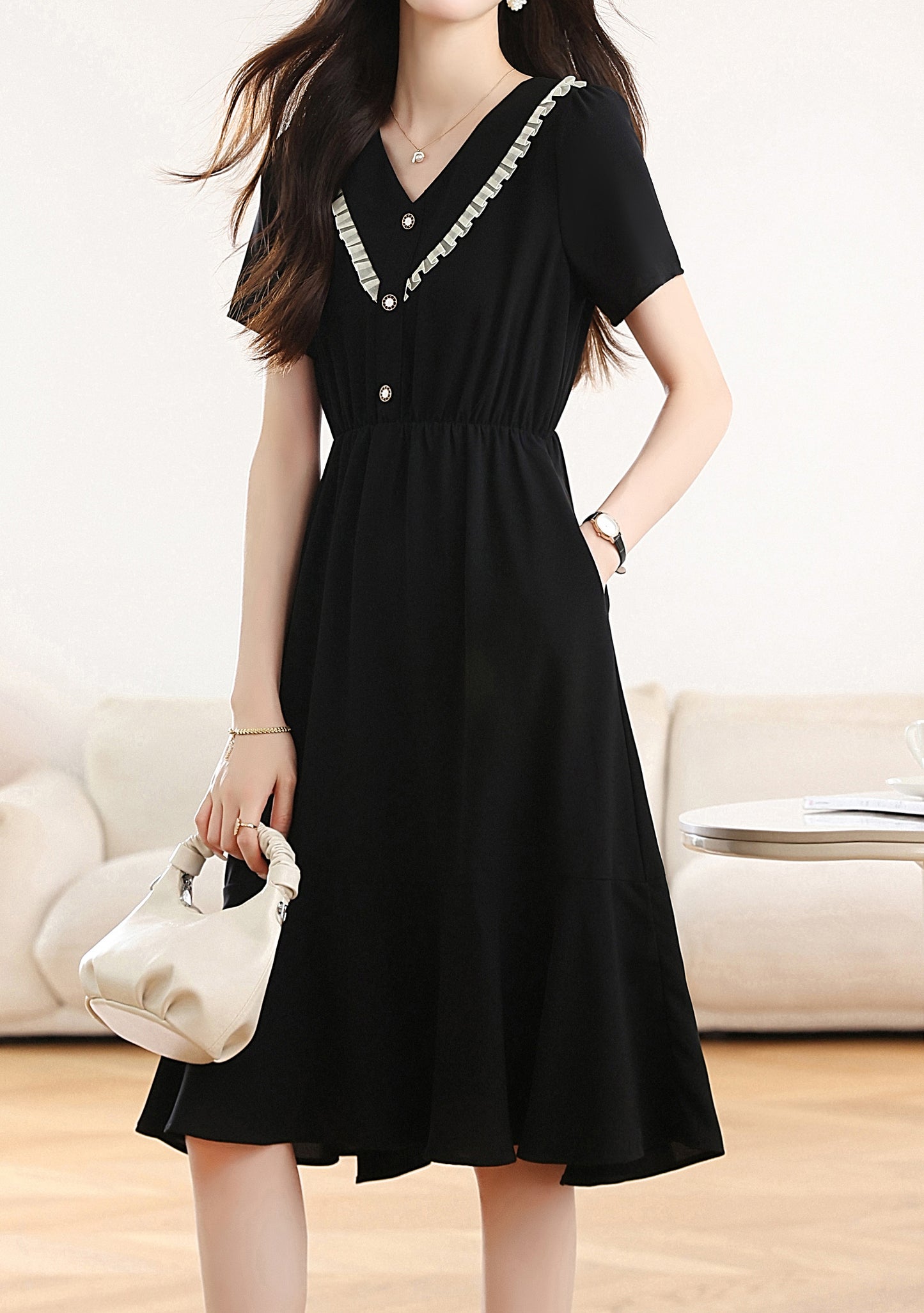 Black Chiffon V-Neck Midi Dress with Pockets